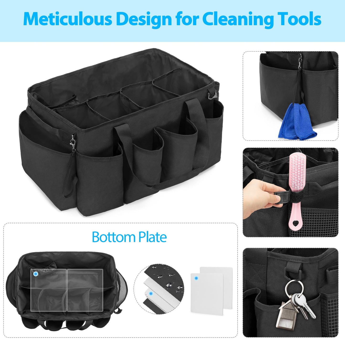 HODRANT Extra-Large Cleaning Caddy, Organizer with Handles for Cleaning Tools & Products Storage, Large Capacity Tote Bag for Car, Home & Housekeeping Work, Black