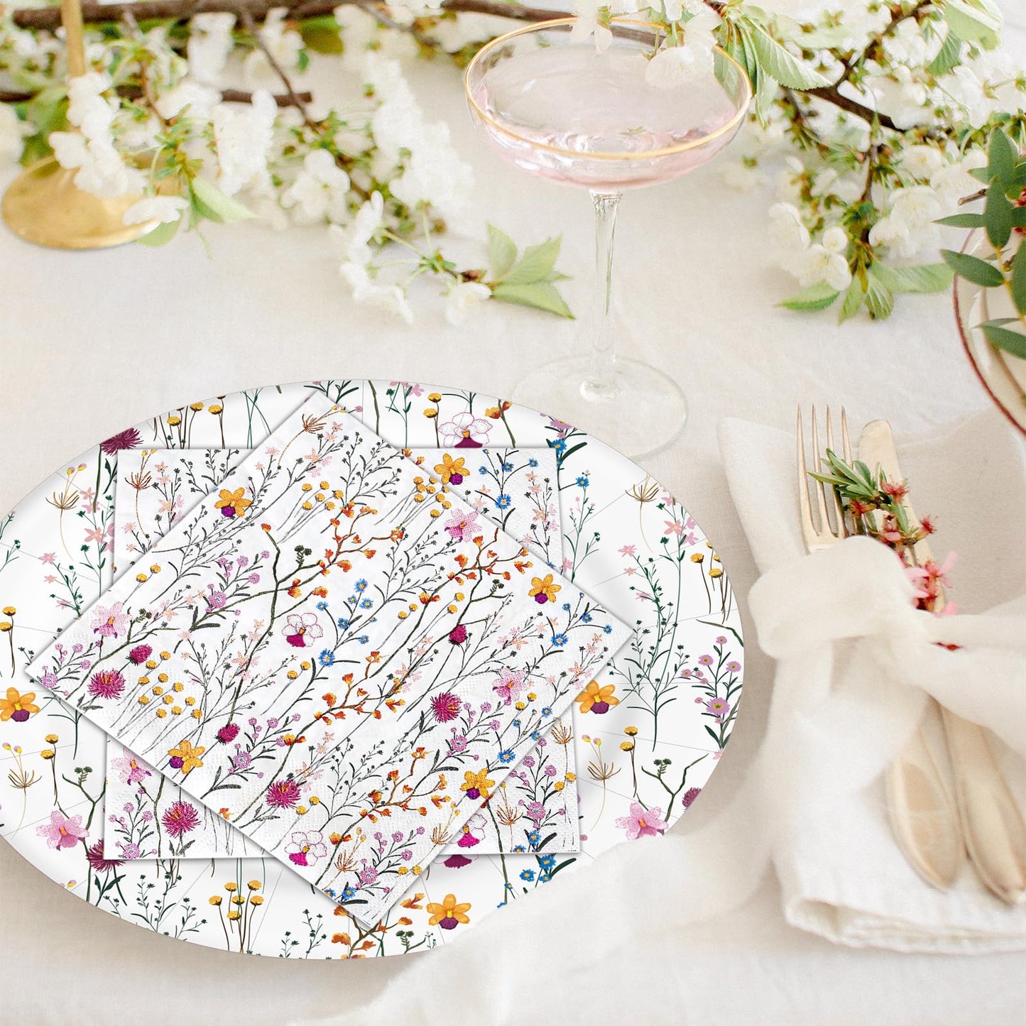 Whaline Floral Party Supplies Kit Serves 50 Wildflower Paper Plates and Napkins for Spring Picnic Wedding Birthday Baby Shower Party Supplies