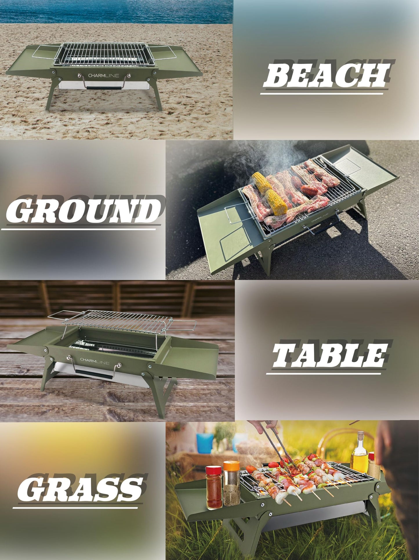 Charmline 35 x 23cm Small Foldable Portable Grill Charcoal, Compact Portable Grill, Desktop Charcoal Grill, BBQ Grill for Camping, Picnics, Gardens and Beach Parties, Green