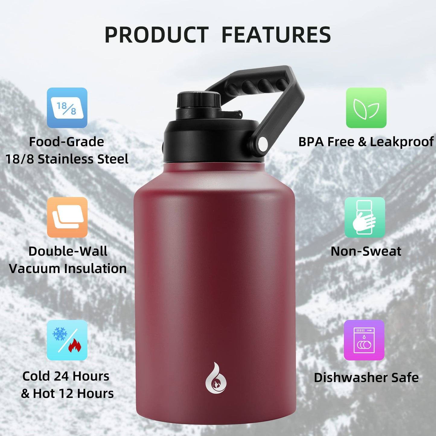 BJPKPK One Gallon(128 oz) Insulated Water Bottle, Dishwasher Safe Stainless Steel Thermo, BPA Free Jug with Ergonomic Handle & Anti-Slip Bottom, Large Water Bottle, Brick Red