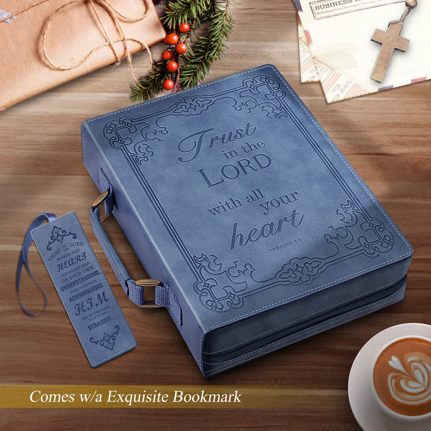 FINPAC Large Classic Bible Cover, Vegan Leather Carrying Book Case Church Bag Bible Protective with Handle, Gift for Men, Women, Blue, Medium
