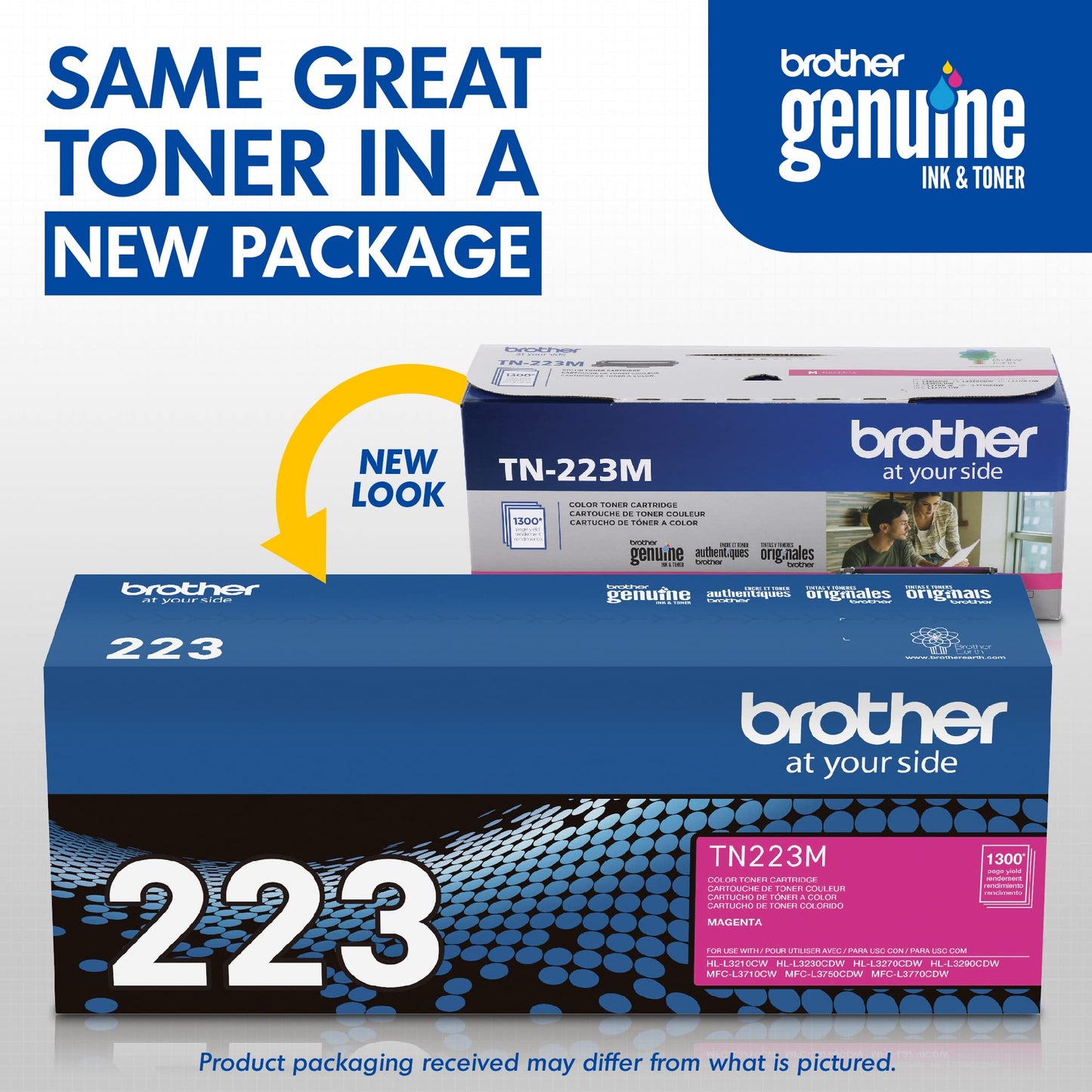 Brother original TN223M Standard Yield Magenta Toner Cartridge, original toner replacement cartridges, toner for Brother laser printers HL-L3210CW, HL-L3270CDW, MFC-L3710CW, MFC-L3750CDW, and more