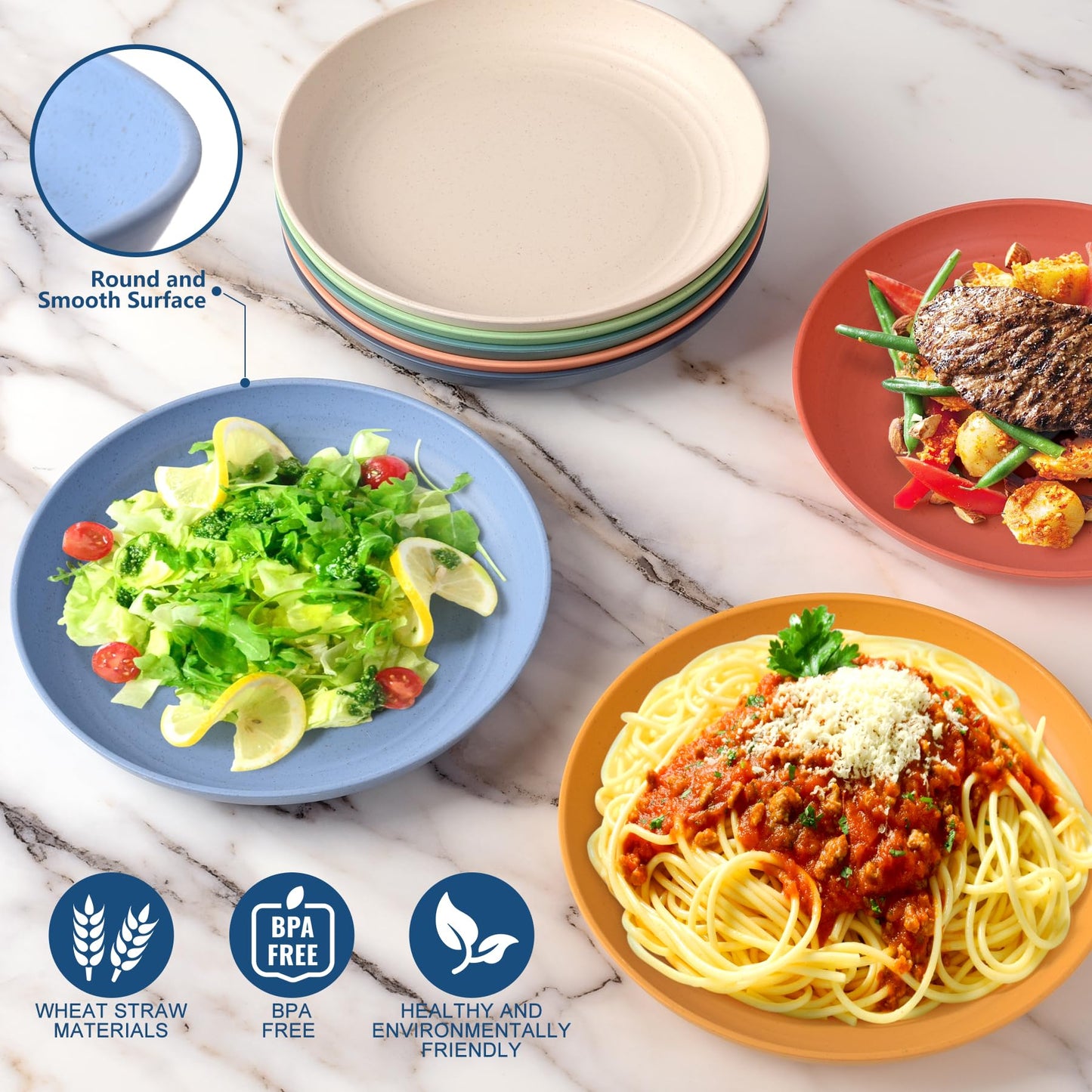 HOTEC 8-Pack 10inch BPA Free Unbreakable Deep Dinner Plates, Wheat Straw Plastic Plates Dishwasher Safe Kitchen Plates Dinnerware Multicolor