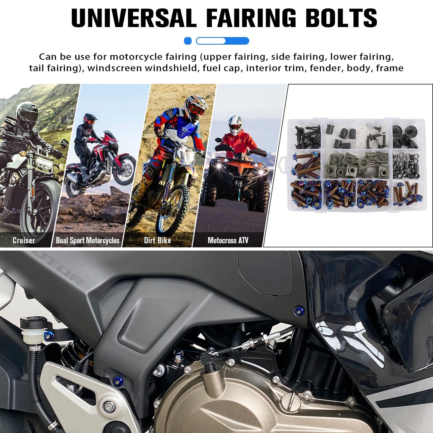 CHIFUN 195Pcs Motorcycle Fairing Bolt Kit Black M5 M6 Stainless Steel Screws Assortment Kit Plastic Grommets Nuts Washers Clips Universal for Sport Dirt Bike Bodywork Fairing Windscreen