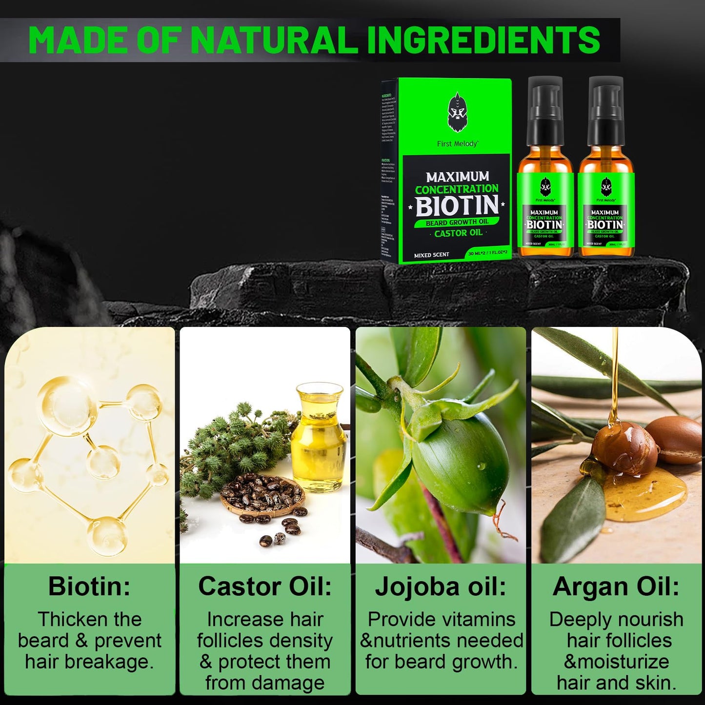 Beard Oil,Maximun Thickening Biotin, with Castor Oil and Argan & Jojoba Oils, Promotes Beard Growth, Styles, Strengthens & Softens Beards & Mustaches,1 Ounce*2（2 Pack）