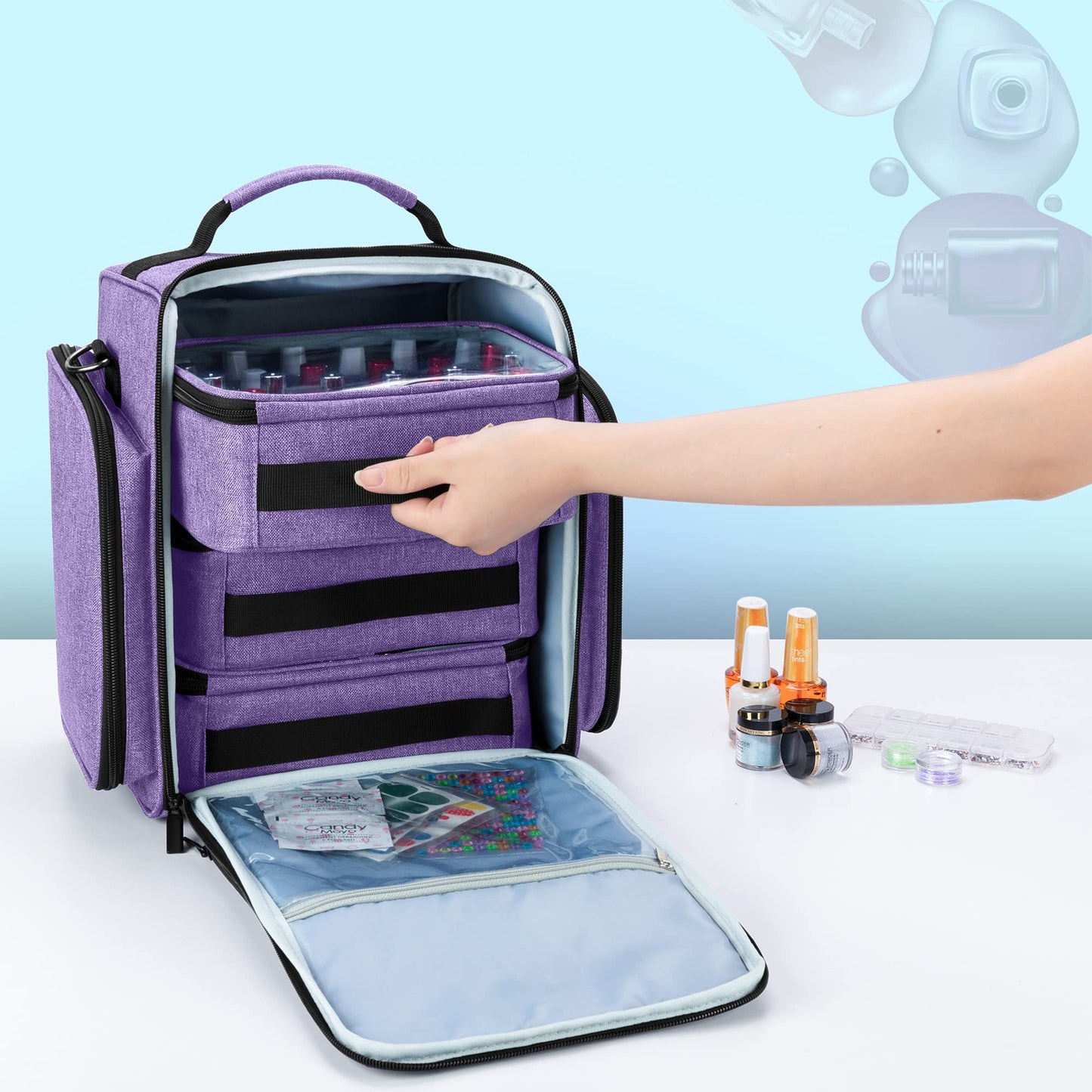 BAFASO Nail Polish Organizer Holds 72 Bottles (15ml - 0.5 fl.oz), Large Nail Polish Case with 3 Removable Pouches and Multiple Storage Sections (Bag Only), Purple, Patented