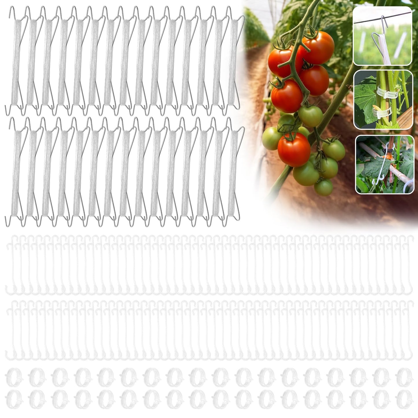 190pcs Tomato Hooks with String with Tomato Plant Support Clips, J-Hook, Tomato Holder Hooks with 33.3ft Tomato Twine for Climbing Plants Tomato Cucumber Cherry Vegetable