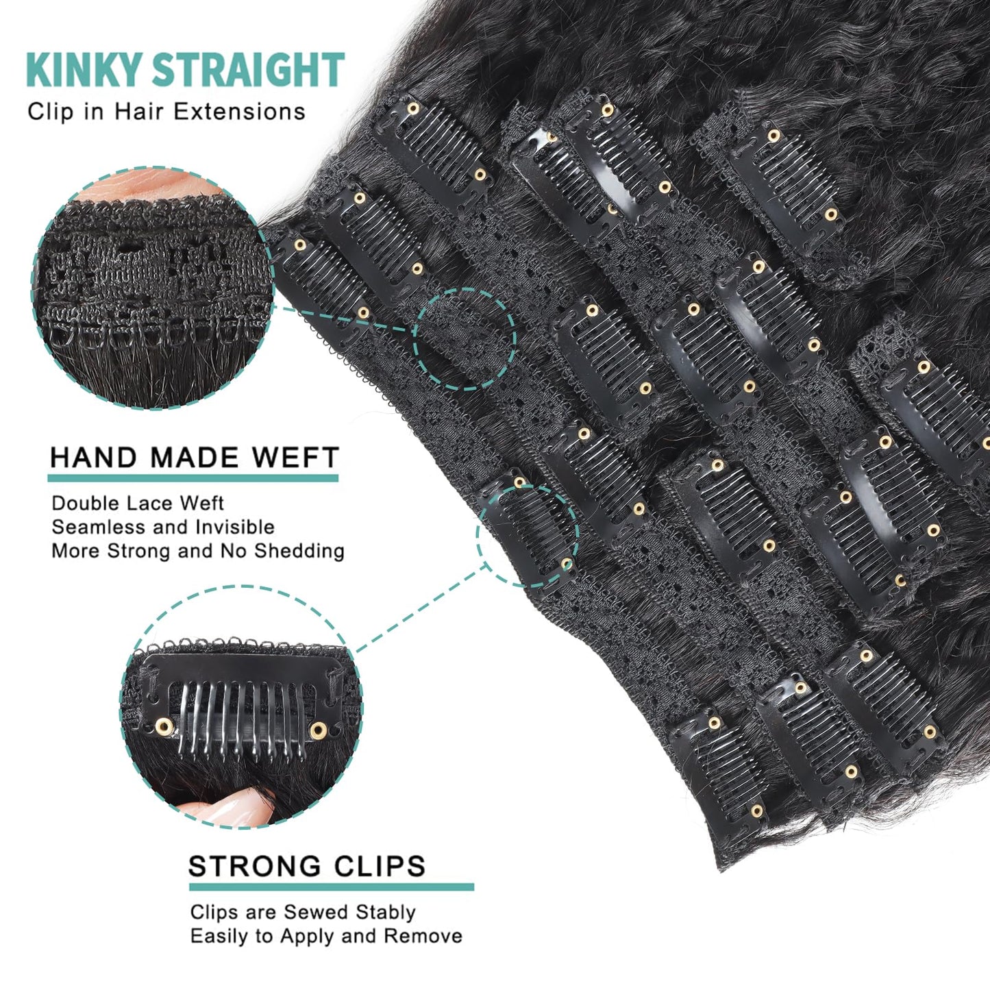 Brazilian Virgin Kinky Straight Clip in Hair Extensions 8Pcs/lot 120g With 18 Clips Yaki Straight Clip in Hair Extension Real Human Hair Natural Black Color For Black Women (16Inch)