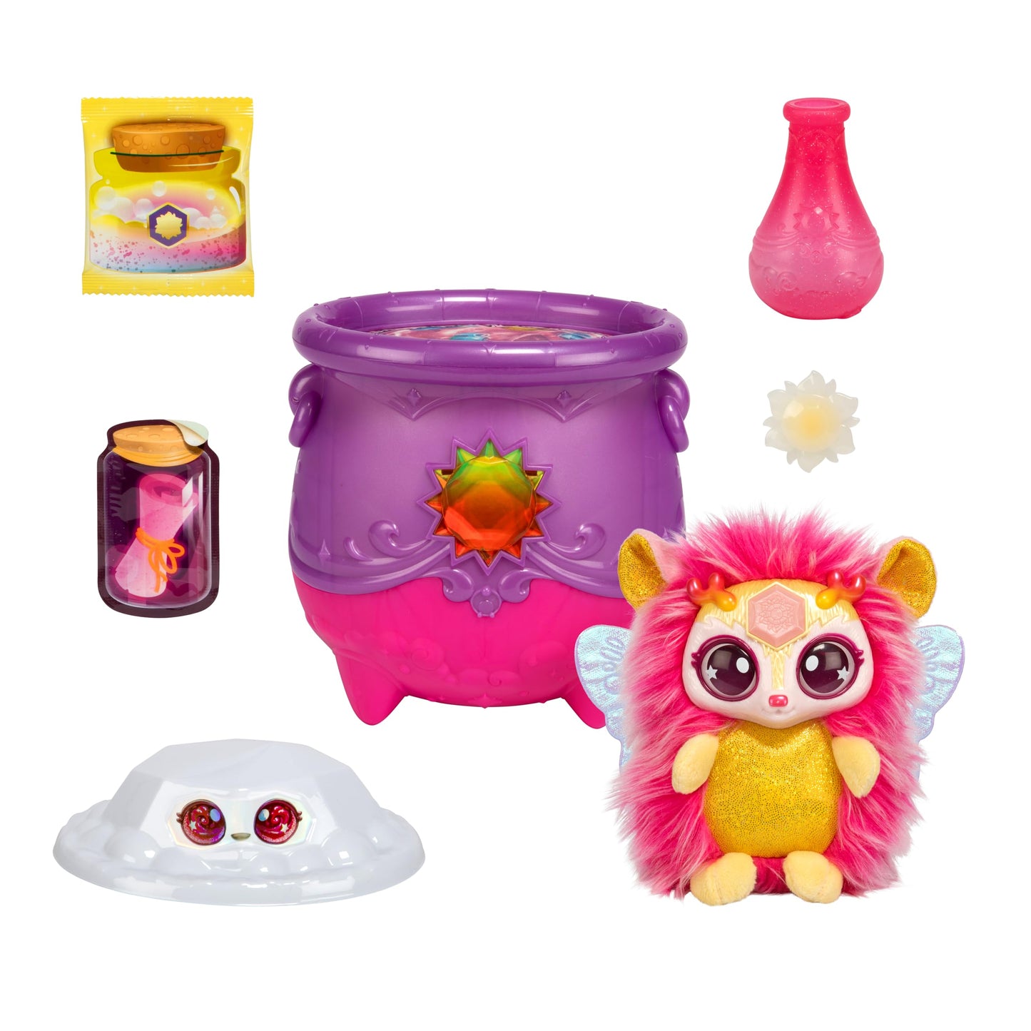 Magic Mixies Magical Gem Surprise Cauldron. with New Shimmer Eyes! Reveal an Mixie Plushie from The Fizzing Cauldron and Discover 2 Magical Solar Gem Surprises!