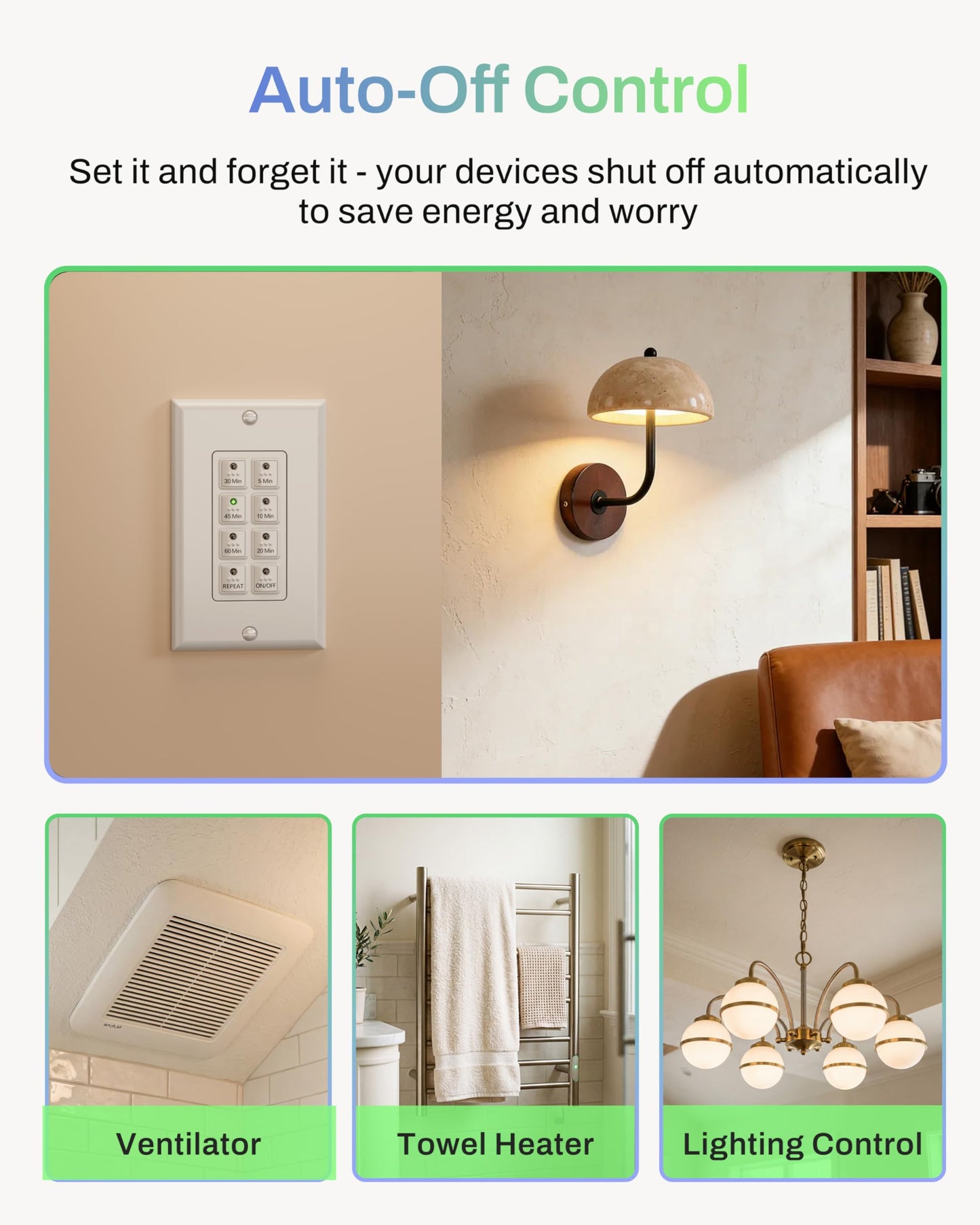 BN-LINK Countdown Digital Wall Timer Switch for Exhaust Fan with Push Button 5-10-20-30-45-60mins, Bathroom Fan Light Switch Timer Indoor, Neutral Required, Wall Plate Included, White