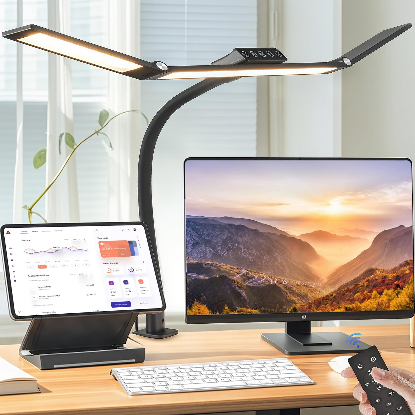 VOURTM LED Desk Lamp with Clamp, 24W Eye-Care Desk Light with Smart Remote, Stepless-Dimming and Color Temp Control, Architect Desk Lamp for Home Office, Workbench, Reading, Study, Painting