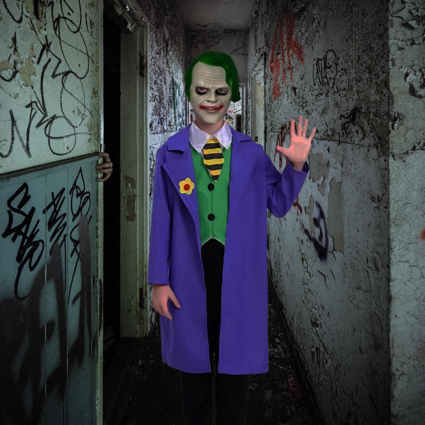 Puppyhao 4Pcs Killer Clown Costume Kids Boys Anime Knigh Costume Coat Clown Mask Vest Pants Funny Halloween Cosplay Outfiits