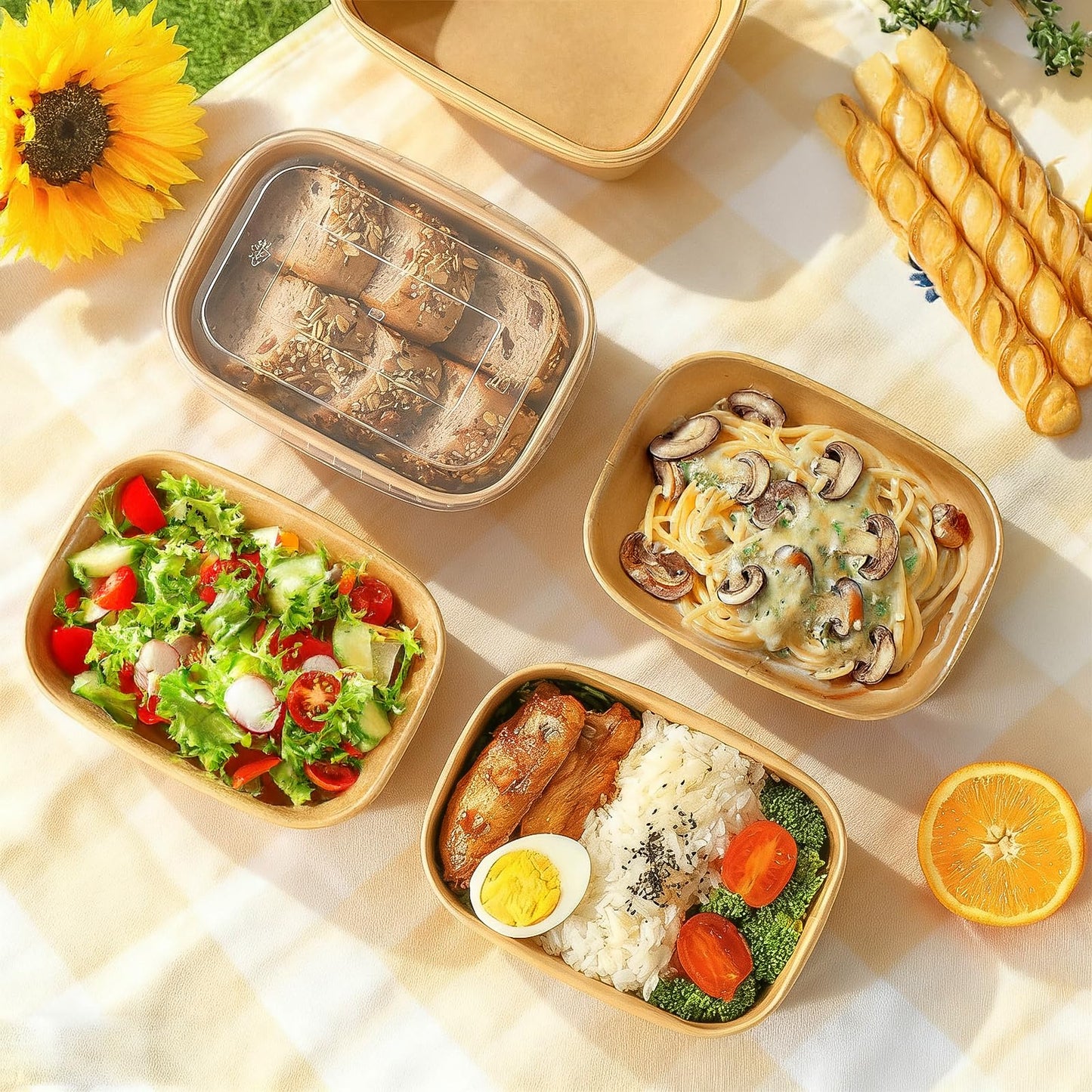 1000ml Disposable Paper Bowls with Lids, 50 Sets Large Kraft Paper Salad Bowls, Non-Spill Meal Prep Food Container for Restaurant Soup Noodle Hot Cold Takeout (33oz)