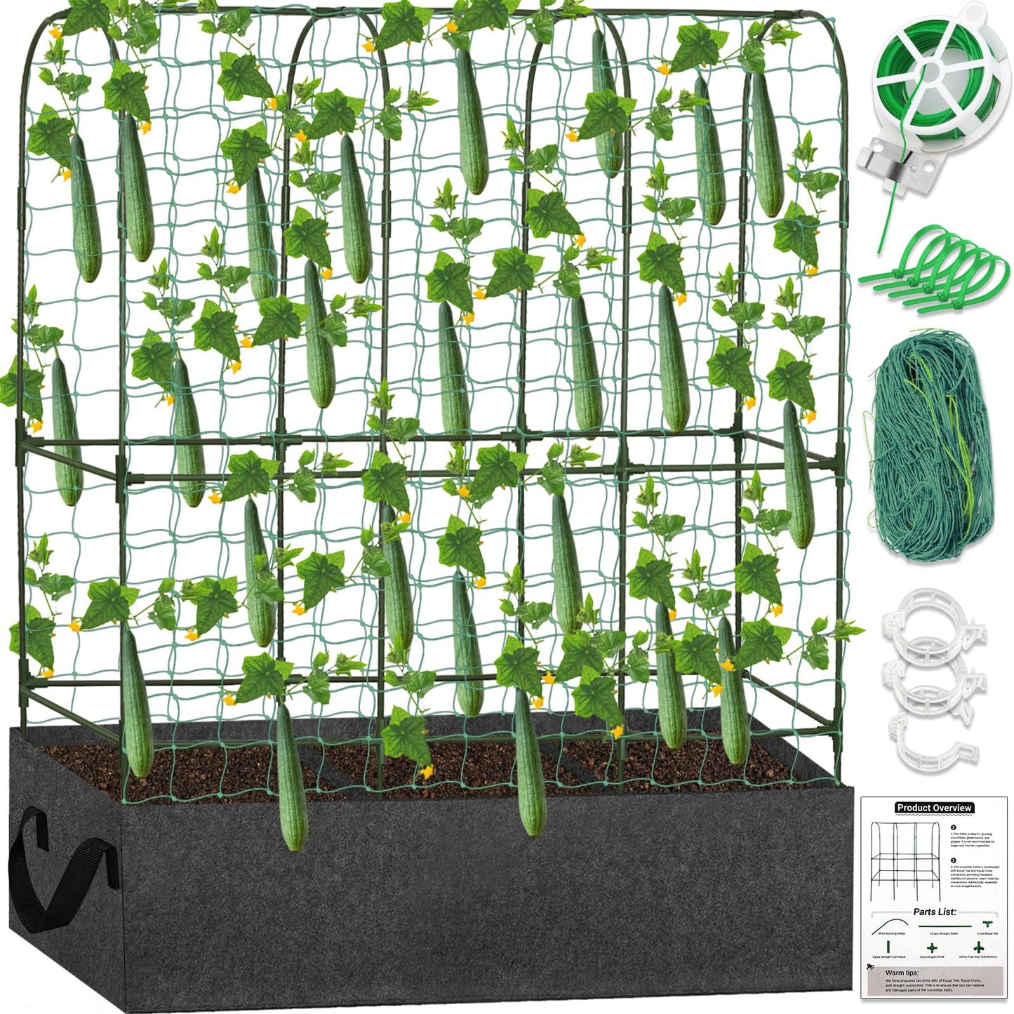 Cucumber Trellis for Climbing Plants Outdoors, U-Shape Large Garden Frame Trellis with Planter for Raised Bed Vegetable Fruit Grow Support,65 (H) x 50(L) inches, Includes Netting Ties Gardening Tools