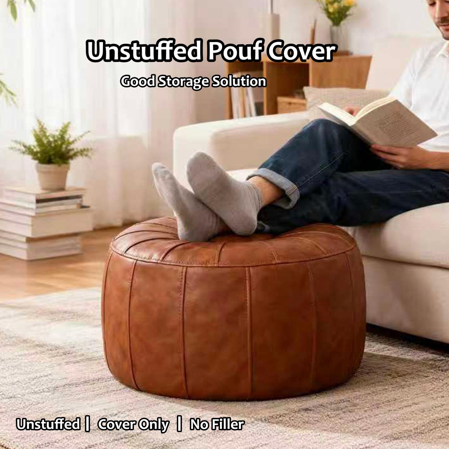 Thgonwid Unstuffed Moroccan Storage Pouf Foot Stool Ottoman Seat Handmade Faux Leather Bean Bag Floor Chair Foot Rest for Living Room, Bedroom or Balcony (Light Brown)