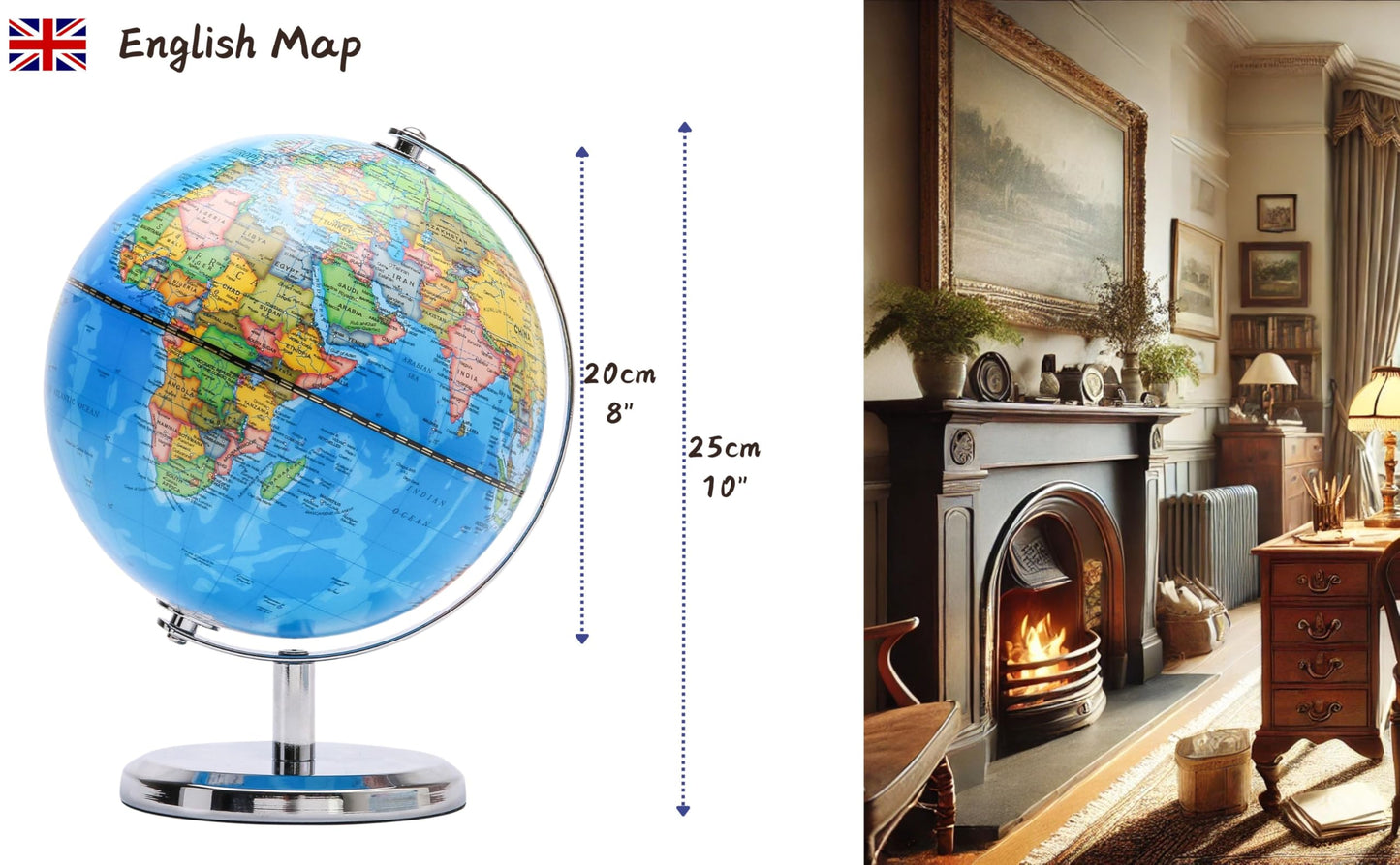 Exerz 20cm World Globe (8 Inch) – Political Map in English, Educational Geography Tool for Kids & Students, Rotating Desk Display with Stainless Steel Base for Home Office