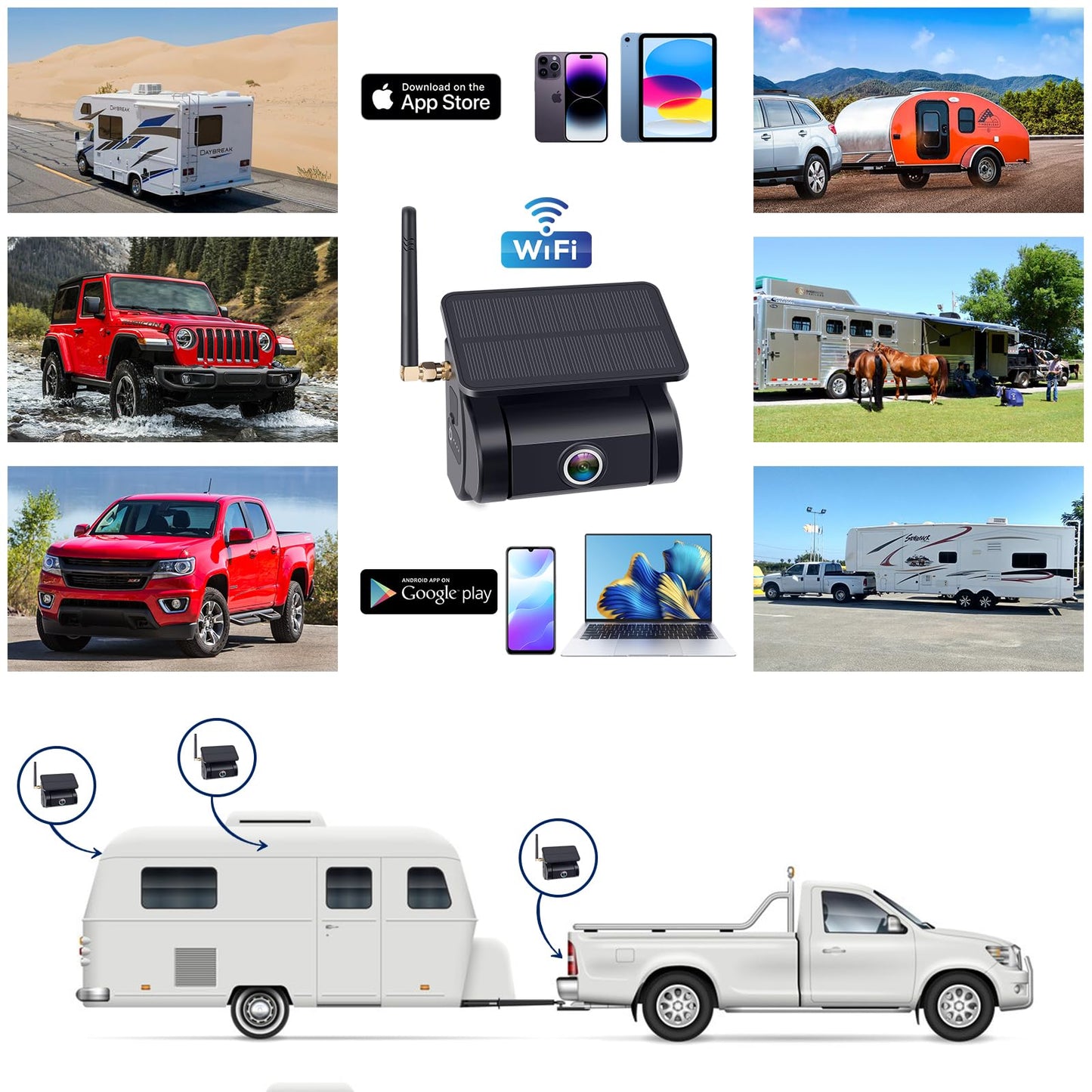 Wireless Backup Camera for Trucks Magnetic: Solar-Powered, WiFi, No Wiring, HD 1080P, Night Vision, Easy Installation for Towing & Parking