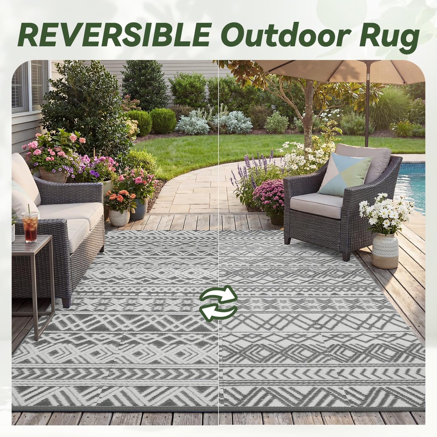 Outdoor Rug 5x8 ft Waterproof Outdoor Carpet-Patio RV Deck Camping Rug Portable Boho Rugs for Outdoor Area Rug Picnic Backyard Porch Beach Mat Grey