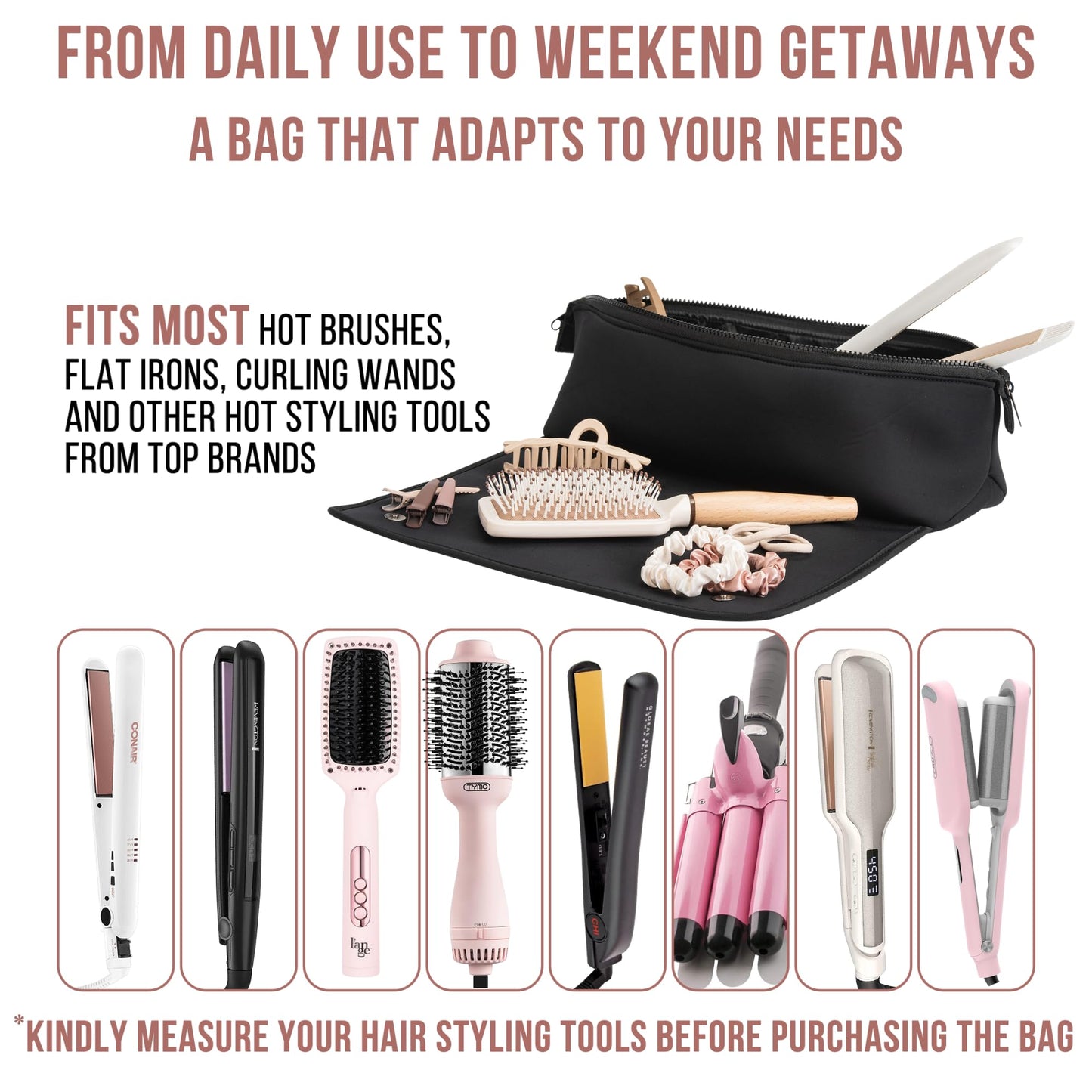 BAREFOOT CARIBOU Hair Tools Travel Bag and Heat Resistant Mat for Flat Irons, Straighteners, Curling Iron, and Haircare Accessories, 2-in-1 Design, with Interior Pockets, Portable Organizer (Black)