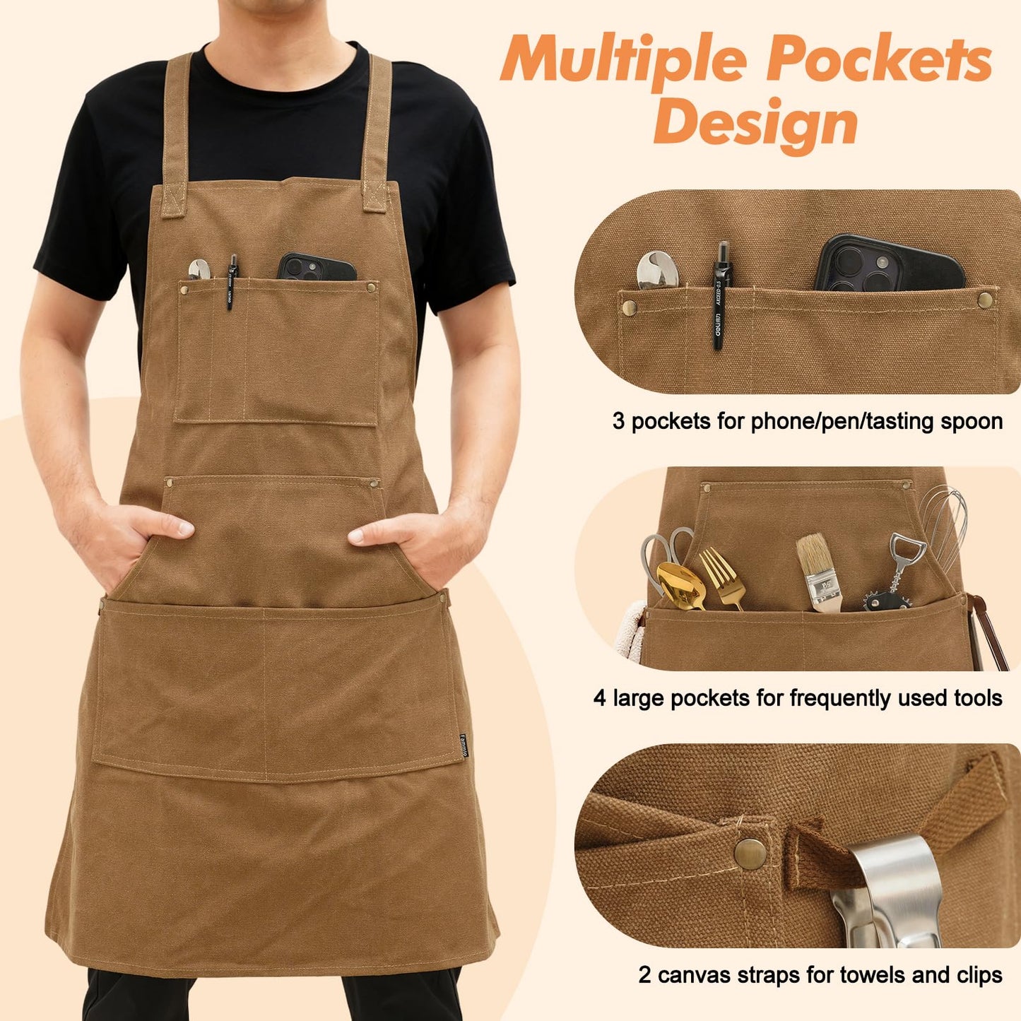 Fammio Chef Apron for Men BBQ, 16oz Cotton Canvas Aprons with 7 Pockets/Cross Back Straps/Quick Release Buckle, Durable Heavy Duty Apron for Kitchen Cooking, Paiting, Baking (Camel,L)