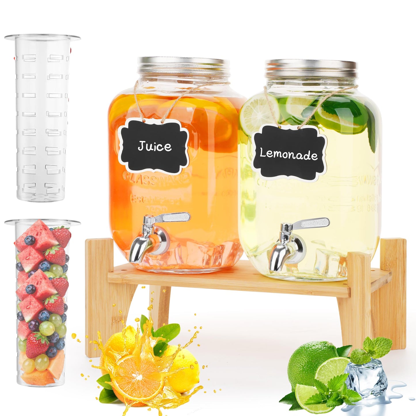 Set of 2 Glass Drink Dispensers for Parties, 1 Gallon Ice Beverage Dispensers with Stand, Juice Dispenser with Fruit Infuser & Leak-Proof Spigot, Ideal for Lemonade, Tea, and Party Drinks