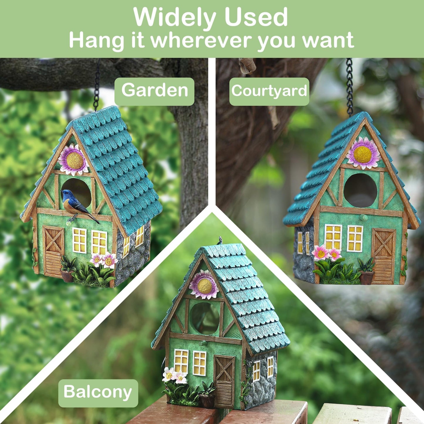 Attivolife Bird House for Outdoor Garden, Unique Gift for Women Mom Grandma Birdman Lovers, Resin Hanging Birdhouses for Outside, Weatherproof Art for Yard Patio Decoration Bluebird Finch Cardinals