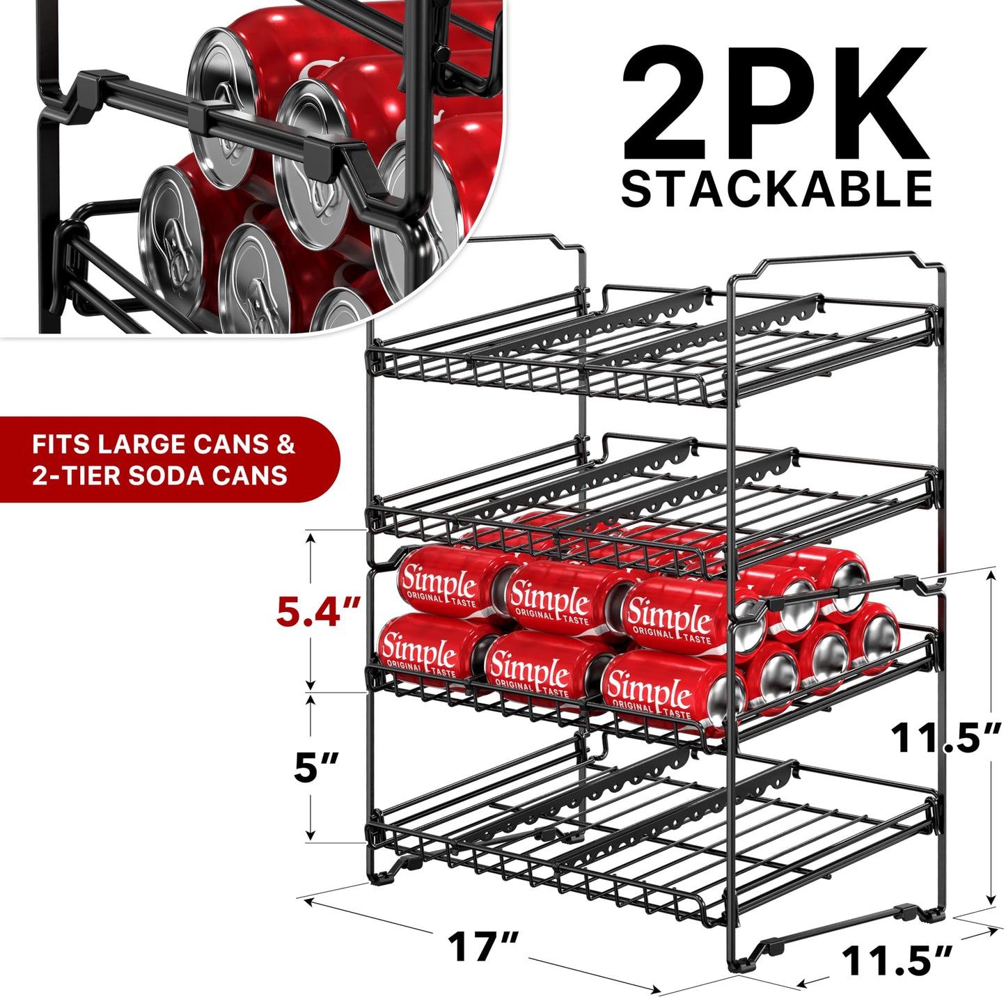 Simple Houseware 2 Tier Stackable Can Rack Organizer for Pantry Storage, 2 Pack, Black