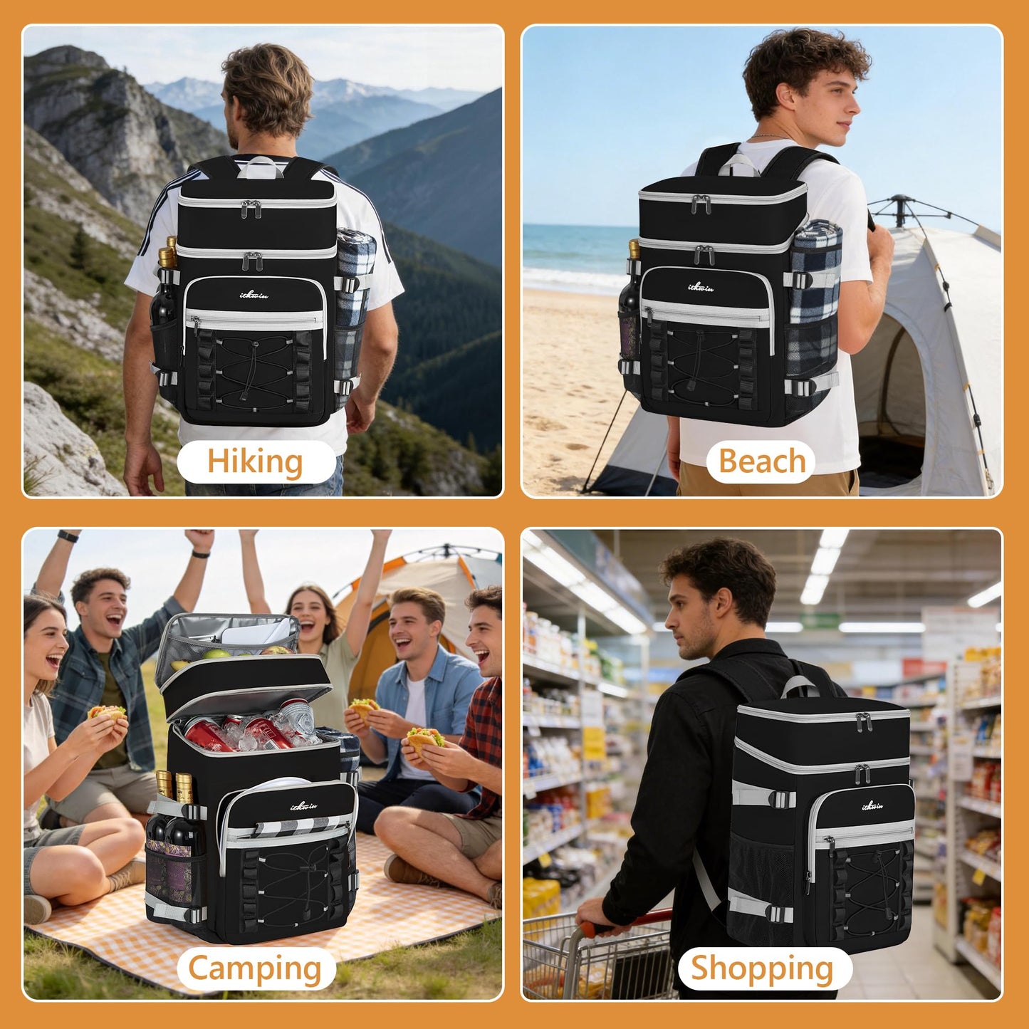 ITHWIU Insulated Cooler Backpack, 2 Insulated Compartments Thermal Bag, Large Leakproof Cooler Bag, Holds 40 Cans of Beverages for Camping Cooler Beach Travel Picnic(Black)