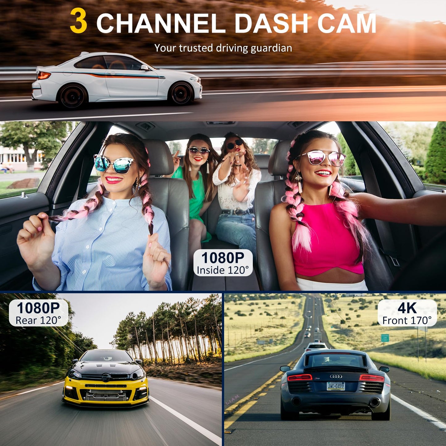 TOOXYZ Dash Cam Front and Rear Inside,3 Channel Dash Cam for Car,5G WiFi,3.16" IPS,Free 64GB Card,4K+1080P+1080P Dash Camera,Loop Recording,G-Sensor,WDR,Night Vision,Time-Lapse, 24H Parking Monitor