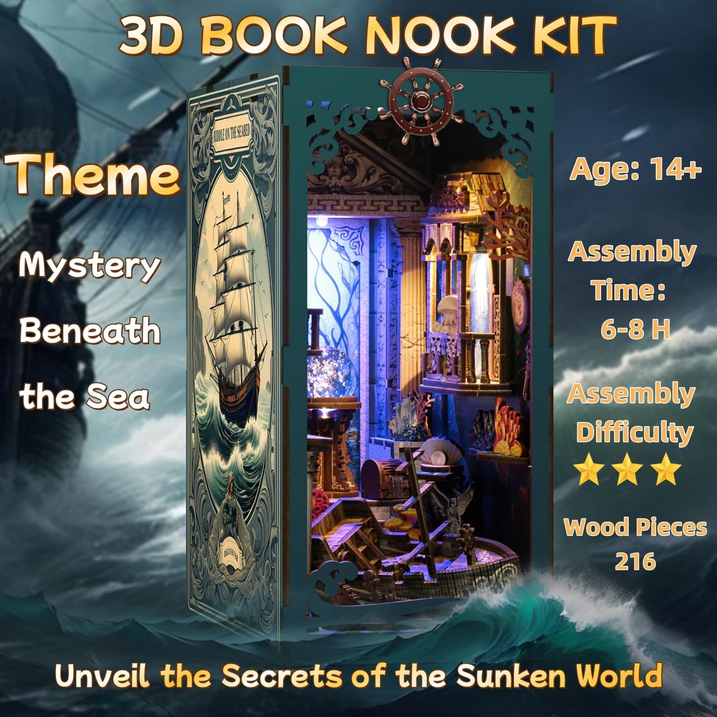 MOSTCLOUD Book Nook Kit, DIY Miniature Dollhouse Booknook Kit with LED Light, 3D Wooden Puzzle Bookend, Bookshelf Decor, for Adults Teens, Theme: Mystery Beneath The Sea
