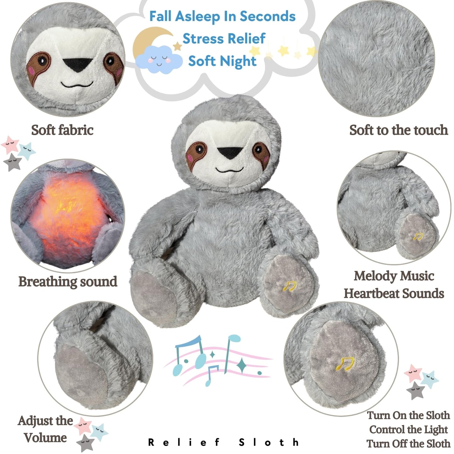 Anxiety Relief Koala, Breathing Teddy Sloth Anxiety Bear with Calming Music, Lights, Sleeping Otter Plush, Soothing Sloth for Adults & Kids, Stress Relief Stuffed Animal (3-Level Adjustable Volume)