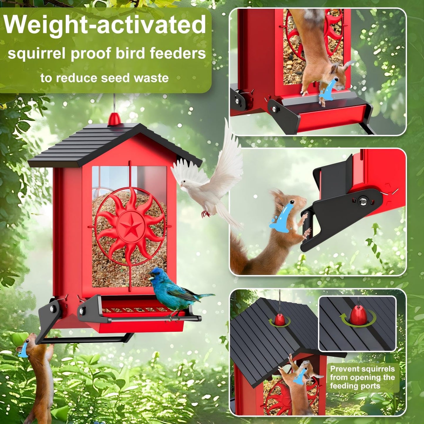 Squirrel Proof Bird Feeders for Outdoors With Weight-Activated, 5LB Large Metal Wild Bird Feeders for Cardinals,Blue jay,Finch, Weatherproof Durable Hanging Bird Feeder for Backyard,Garden,Patio-Green