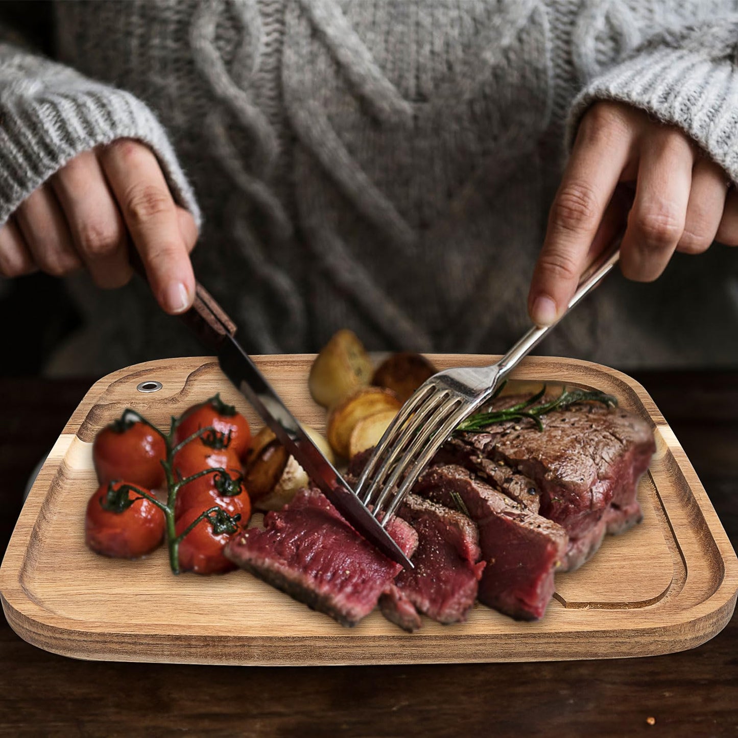6 Pcs Acacia Wood Steak Plates with Juice Channel, Wooden Steak Board Set, Wood Serving Boards for Serving Steak, Meat, Charcuterie, Appetizer (13 x 11 x 0.6 Inch)