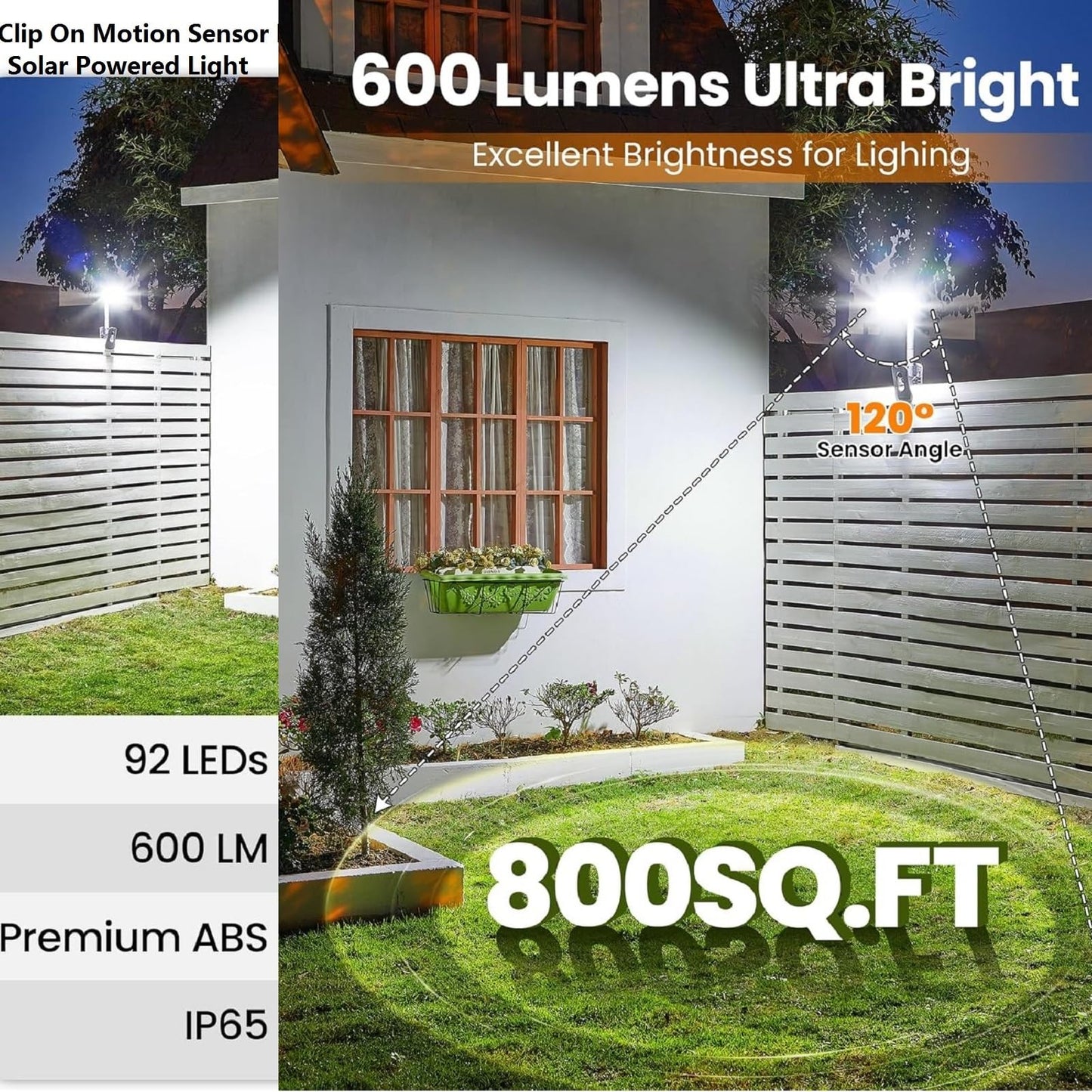 ASLIDECOR Solar Clip On Lights Outdoor, 92 LED Motion Sensor Security Light with 600LM Brightness and 3 Modes, Waterproof Fence Clip Light for Deck, Gutter, Tent,Camping,Camper Awning(2)