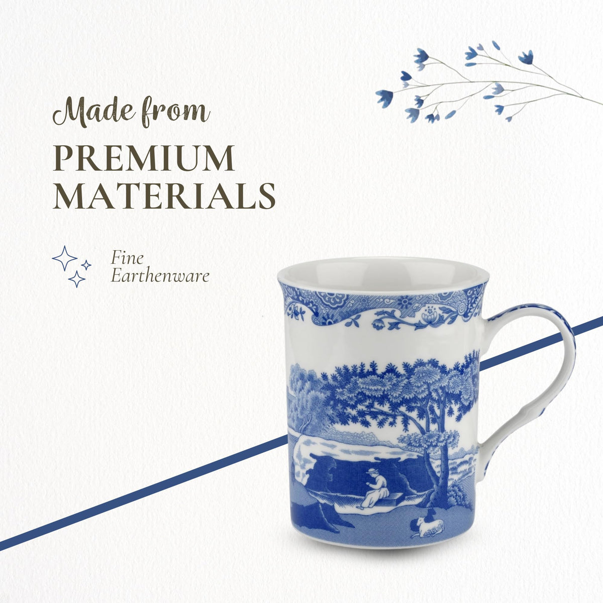 Spode Blue Italian Large Mugs | Set of 4 | 340ml / 12-Ounces | Cup for Coffee, Tea, and Other Beverages | Blue/White | Made of Porcelain | Dishwasher Safe