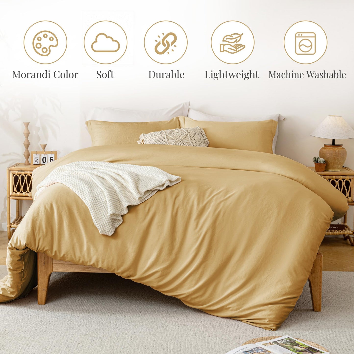 MILDLY Super Soft Duvet Cover - 100% Washed Microfiber Warm Mustard Yellow Comforter Cover Set 3 Pieces with Zipper Closure & Corner Ties (No Comforter)