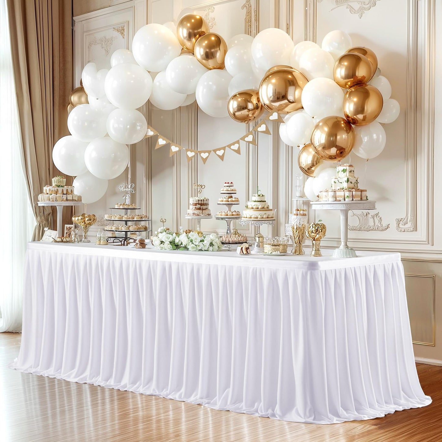 17ft Long White Table Skirt for Rectangle Tables Decorations - Wrinkle Resistant Polyester Pleated Table Skirting Desk Skirt for Office Baby Shower Birthday Party Wedding Banquet