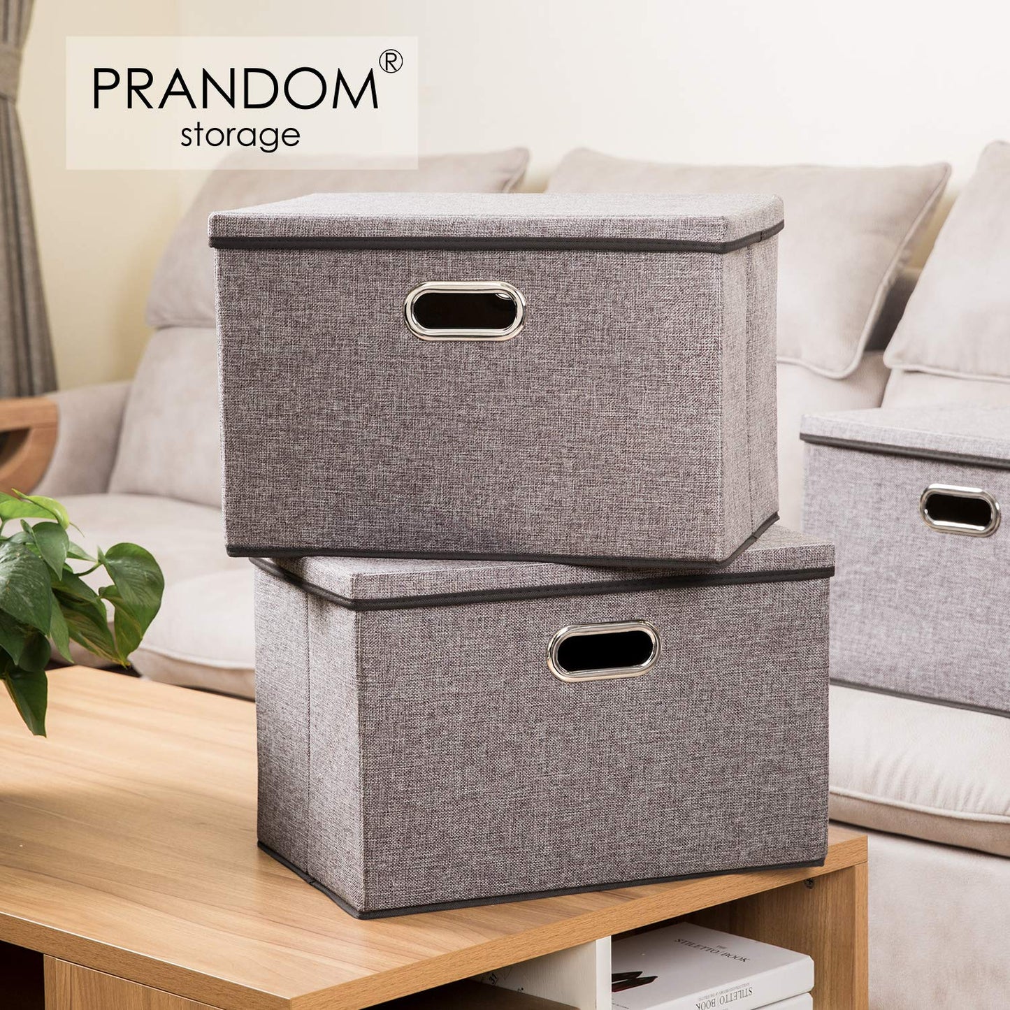 PRANDOM Large Collapsible Storage Bins with Lids [3-Pack] Linen Fabric Foldable Storage Boxes Organizer Containers Baskets Cube with Cover for Home Bedroom Closet Office Nursery (17.7x11.8x11.8")