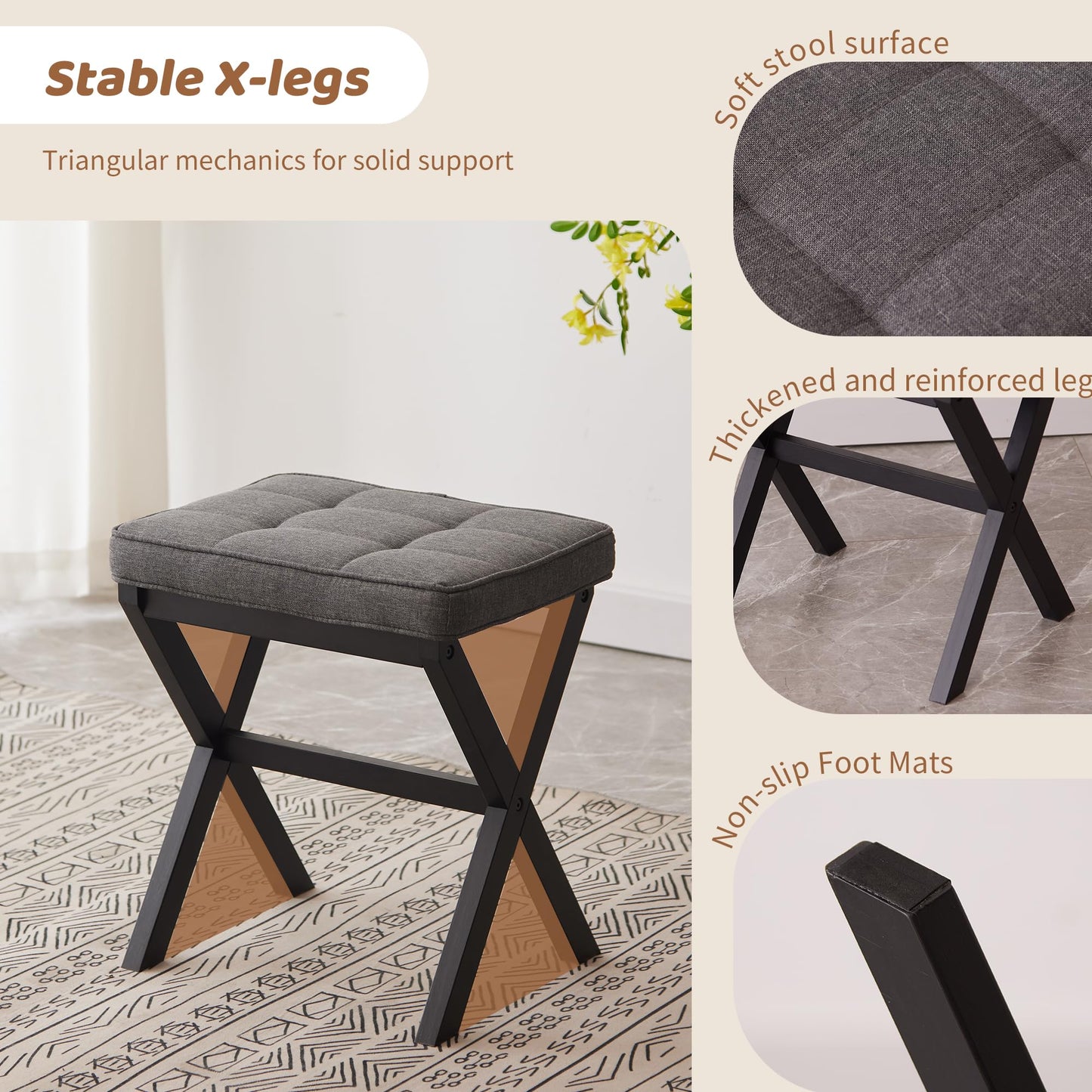 FILWH Foot Stool Small Ottoman Padded for Under Office Desk, Vanity, Sofa - Bamboo Footrest Shoe Stool (Black Legs + Gray)