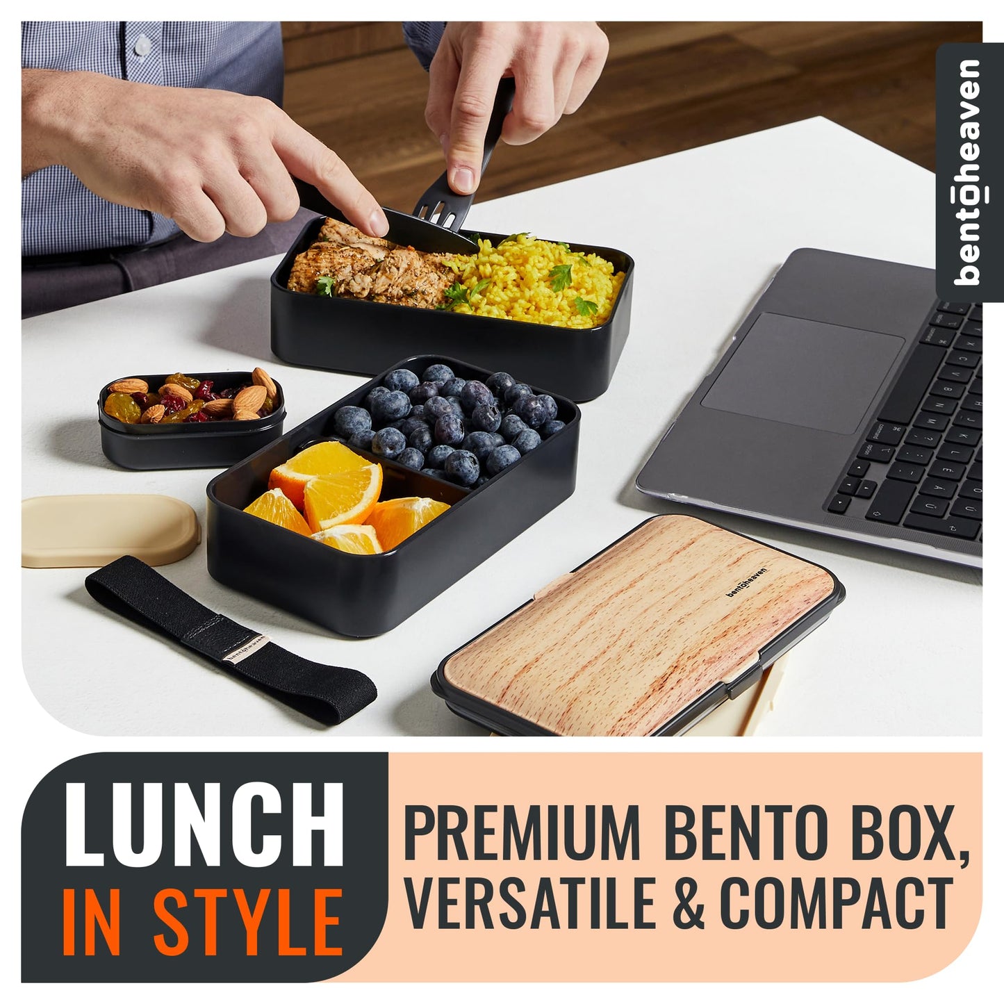 Bentoheaven Premium Bento Box Adult Lunch Box with 2 Compartments (40oz), Cutlery & Set of Chopsticks, Large Dip Container, Cute Black Japanese Bento Box, Rectangle, Microwavable (Symph-Onyx)