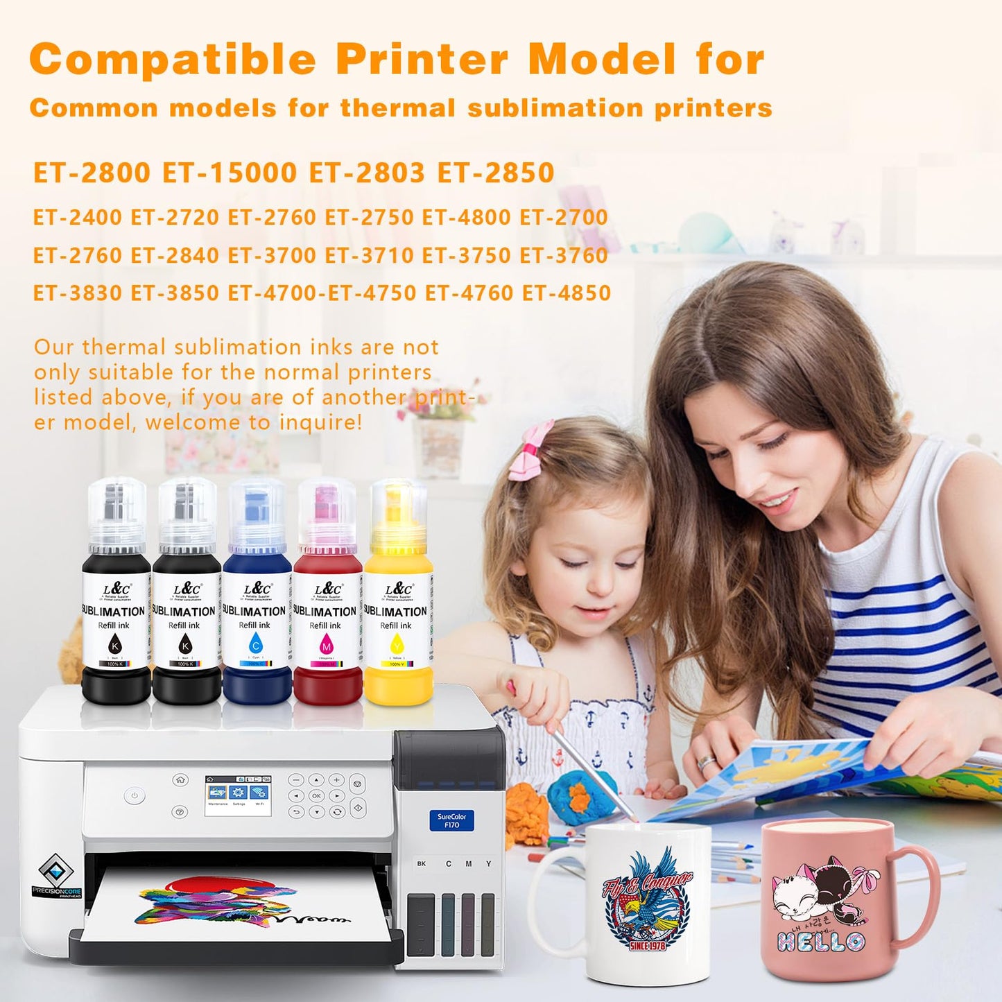 L&C Sublimation Ink Refill for Ecotank Supertank Inkjet Printer ET-2400 ET-2760 ET-2720 ET2800 ET-2803 ET-2850 ET-15000 ET4800 Heat Press Transfer for T-Shirt Mug Anti-Clog Autofill ICC-Free 5X100ML