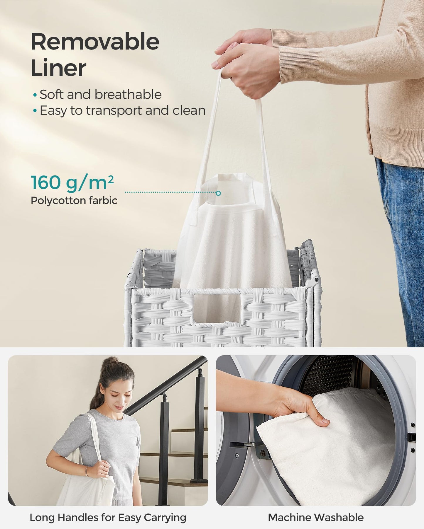 SONGMICS Laundry Hamper with Lid, 23.8 Gallon (90 L) Synthetic Rattan Clothes Laundry Basket with Lid and Handles, Foldable, Removable Liner, Snow White ULCB051W01V1