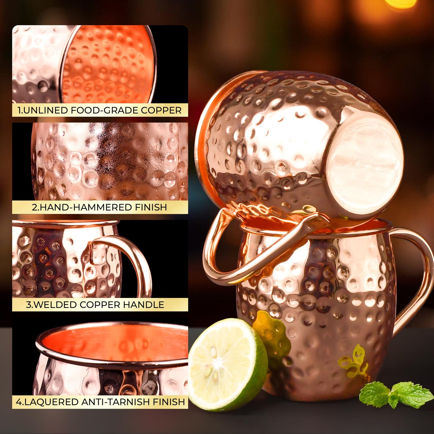 Moscow Mule Copper Mugs - Set of 4 100% Handcrafted Solid 16 oz Copper Mugs with 4 Copper Straws, 1 Stirring Spoon, 1 Copper Shot Glass, 1 Straw Cleaning Brush,Ideal Christmas Gifts for Men Women