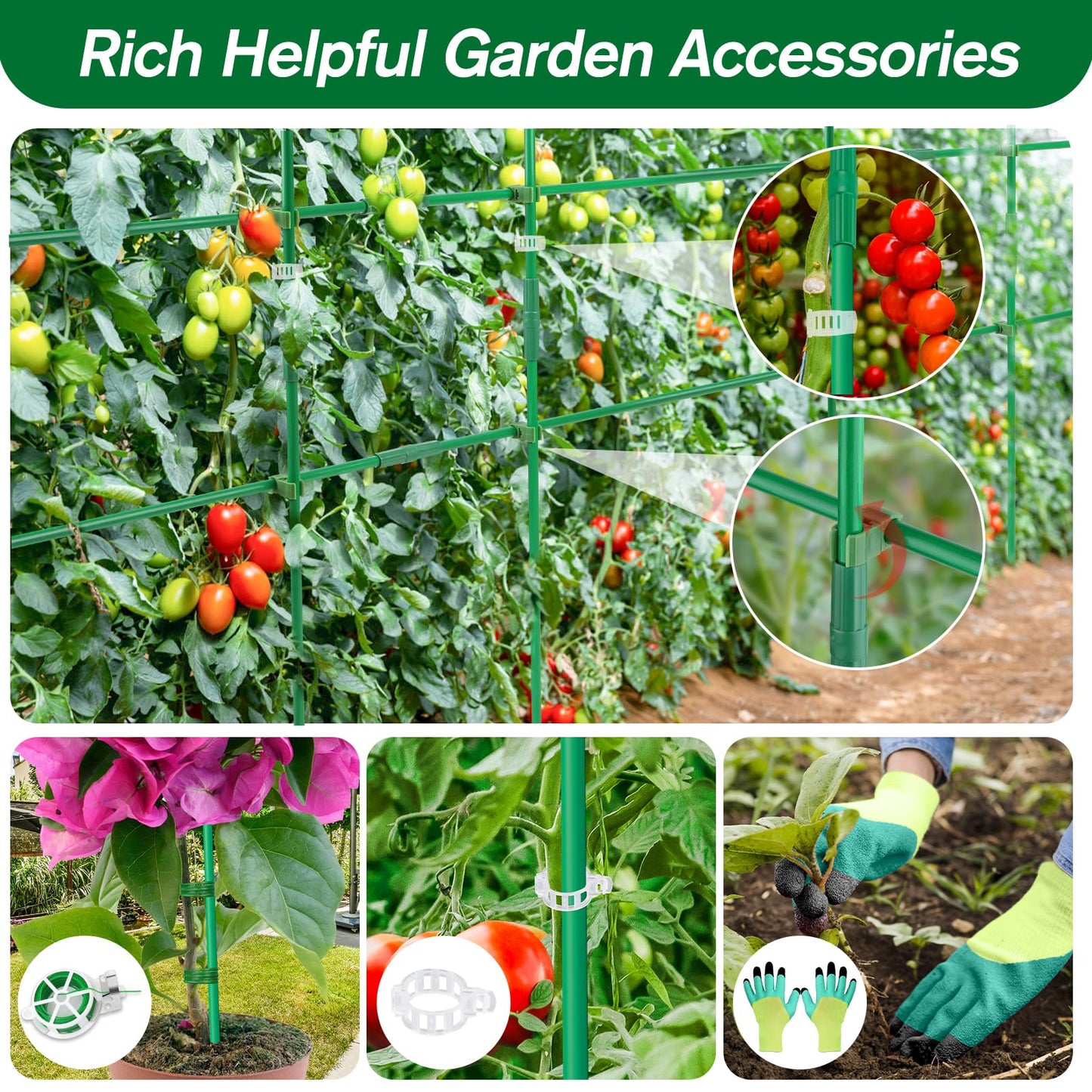 256PCS Garden Stakes Set with 75PCS 16 Inch Fiberglass Plant Sticks and Stake Arms, DIY 4ft 5ft 6ft 7ft 8ft Tomato Stakes, Garden Stakes for Vegetables Tomato Pepper Indoor Outdoor Plants