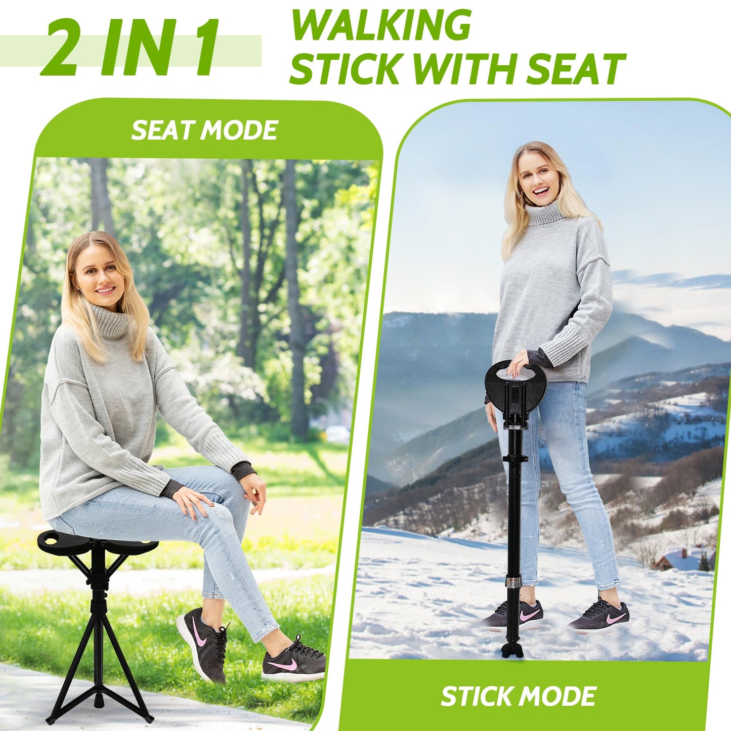 ALEVMOOM Upgraded Folding Canes with Seat Max Load 550lbs，Retractable Walking Stick with Seat,Height Adjustment Cane Chair for Adults,Crutches Stool with Carry Bag for Hiking Traveling