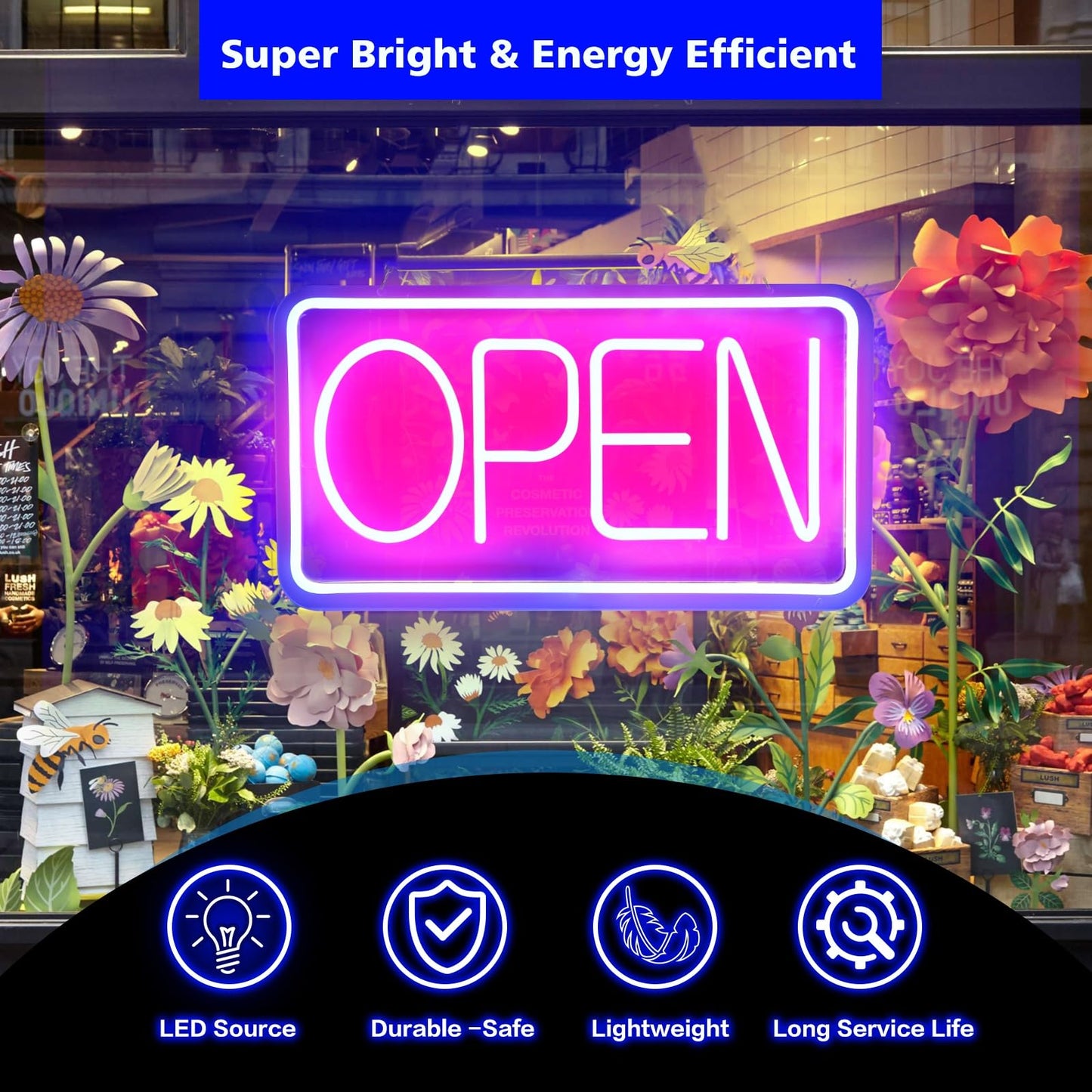 Rdutuok Led Neon Open Signs for Business,42x22cm Light Up Open Signs Advertisement Board Electric Display Sign Powered by USB with ON/OFF Switch for Stores Window Bars Cafes Hotels (Horizontal)