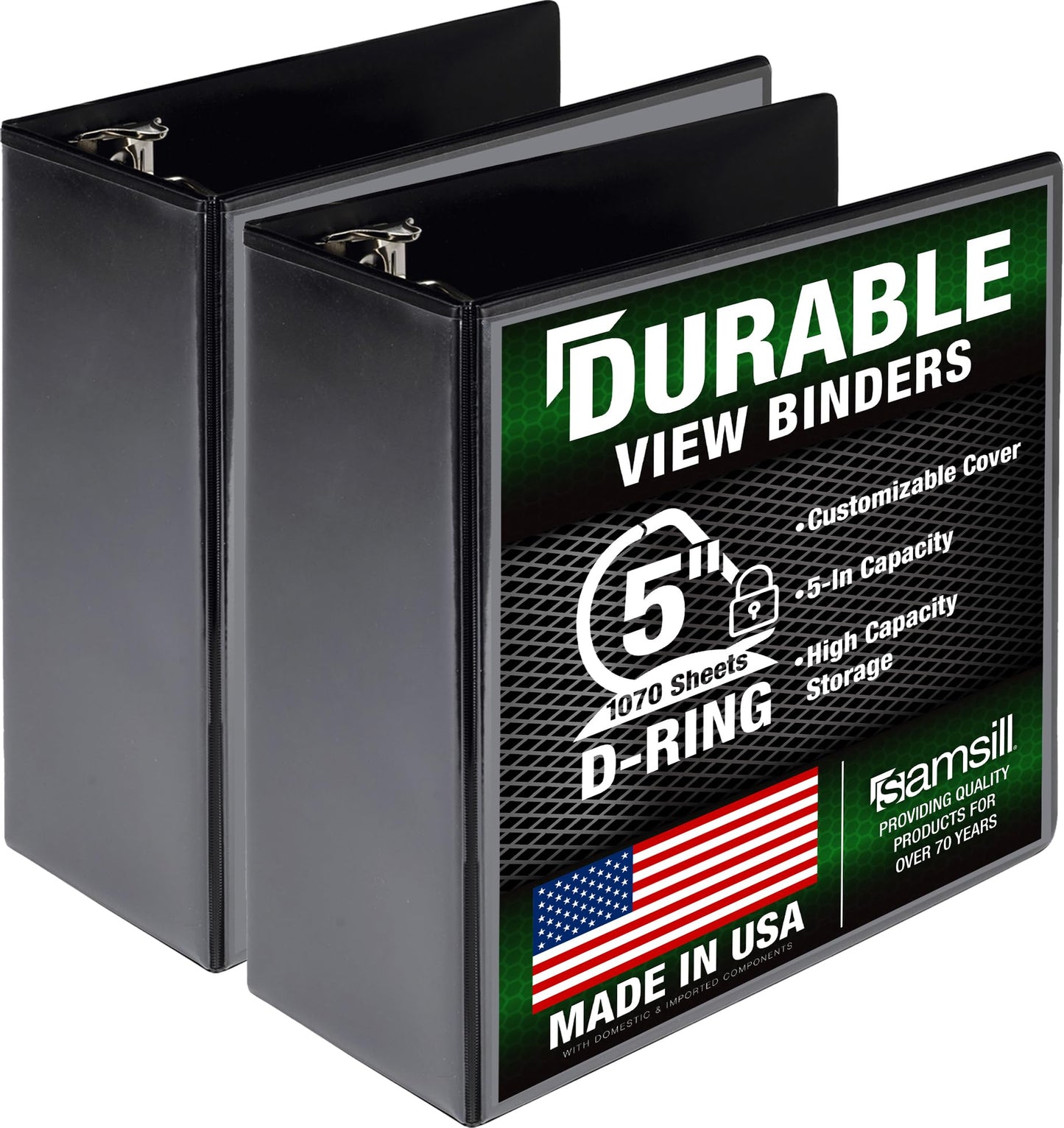 Samsill Durable 5 inch 3 Ring Binder, Made in USA, Locking D Ring FSC 100% Recycled Chipboard, Black, 2 Pack