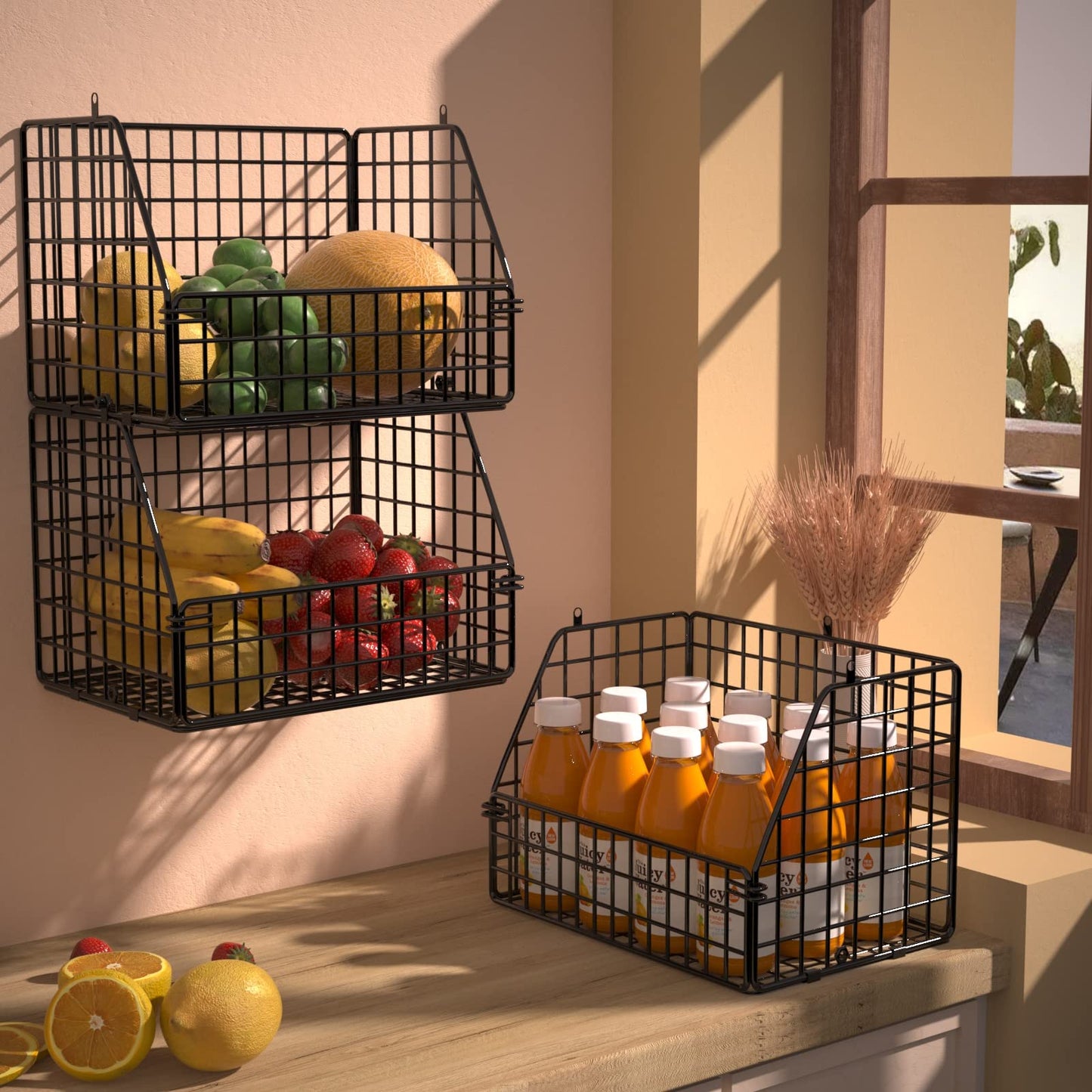 PUPPYCUTE Stackable Wire Baskets for Kitchen Closet Pantry Storage, Hanging Closet Organizers Storage Shelves Organization, Wall Mount Metal Basket Bins, Clothing Vegetable & Fruit Organizer 3 PCS