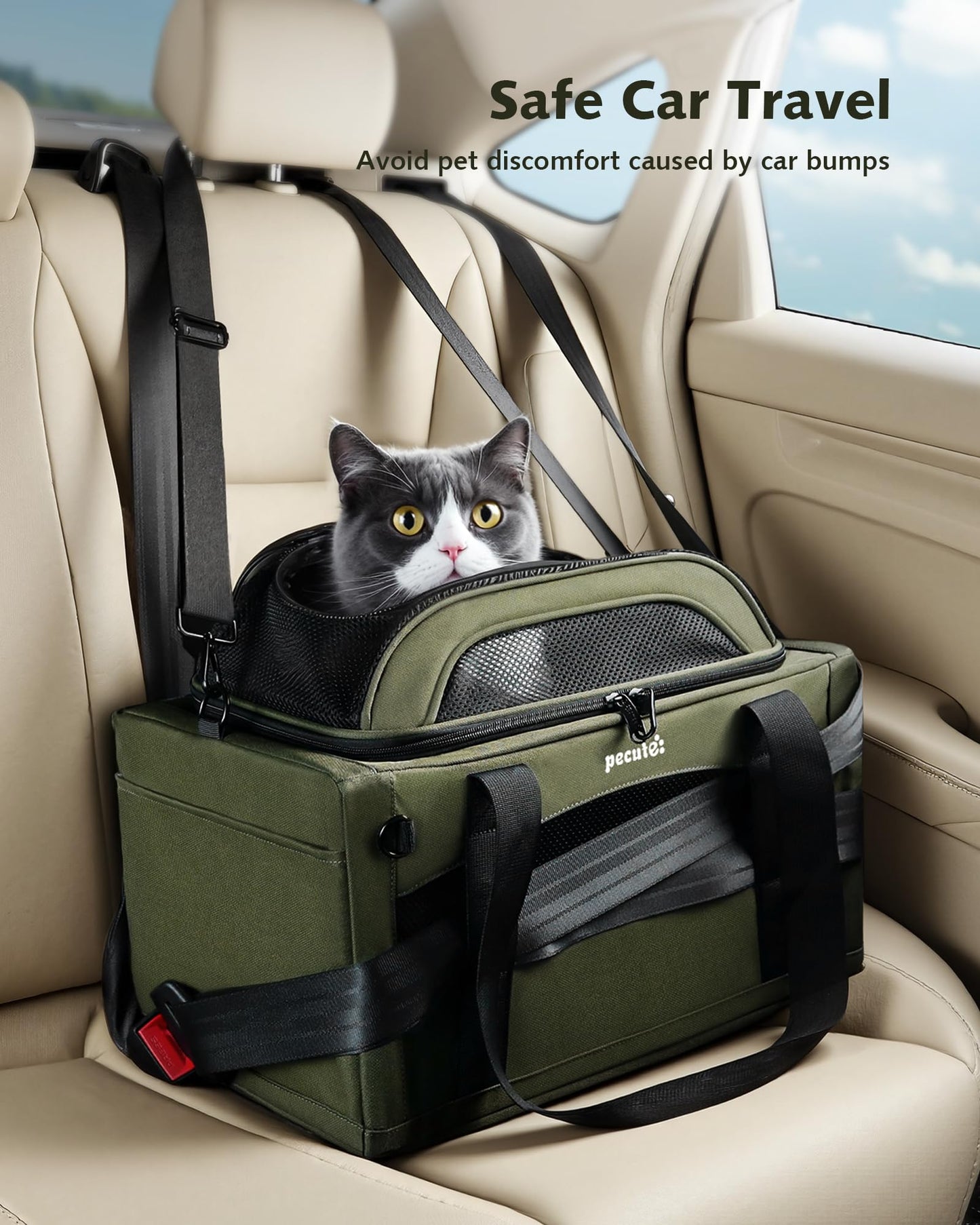 Pecute Top-Expandable Cat Carrier Airline Approved(42 * 28 * 23cm),Breathable Dog Carrier Soft-Sided Pet Carrier for Small Cats with Locking Safety Zippers and Waterprooff Pee Pad + Pet ID Tag,Green