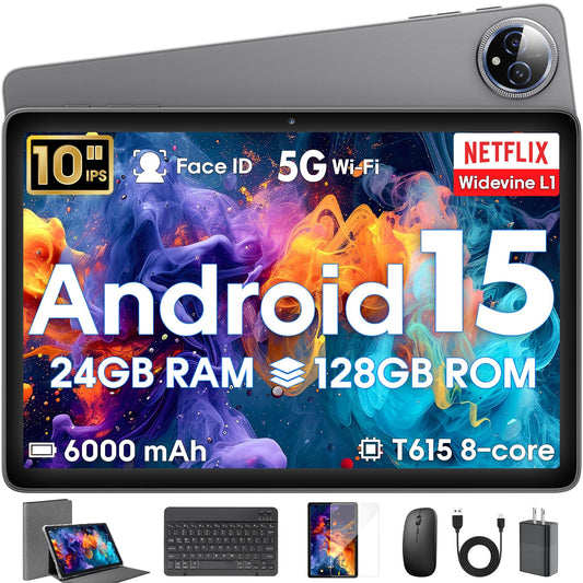 Android 15 Tablet 10 inch,24GB RAM 128 ROM,Tablets with Keyboard Mouse Stylus,1TB Expandable,Octa-Core 6000mAh 1280x800 IPS HD,5G WiFi,T615 CPU,High Performance,Processor,Dual Camera(Gray)